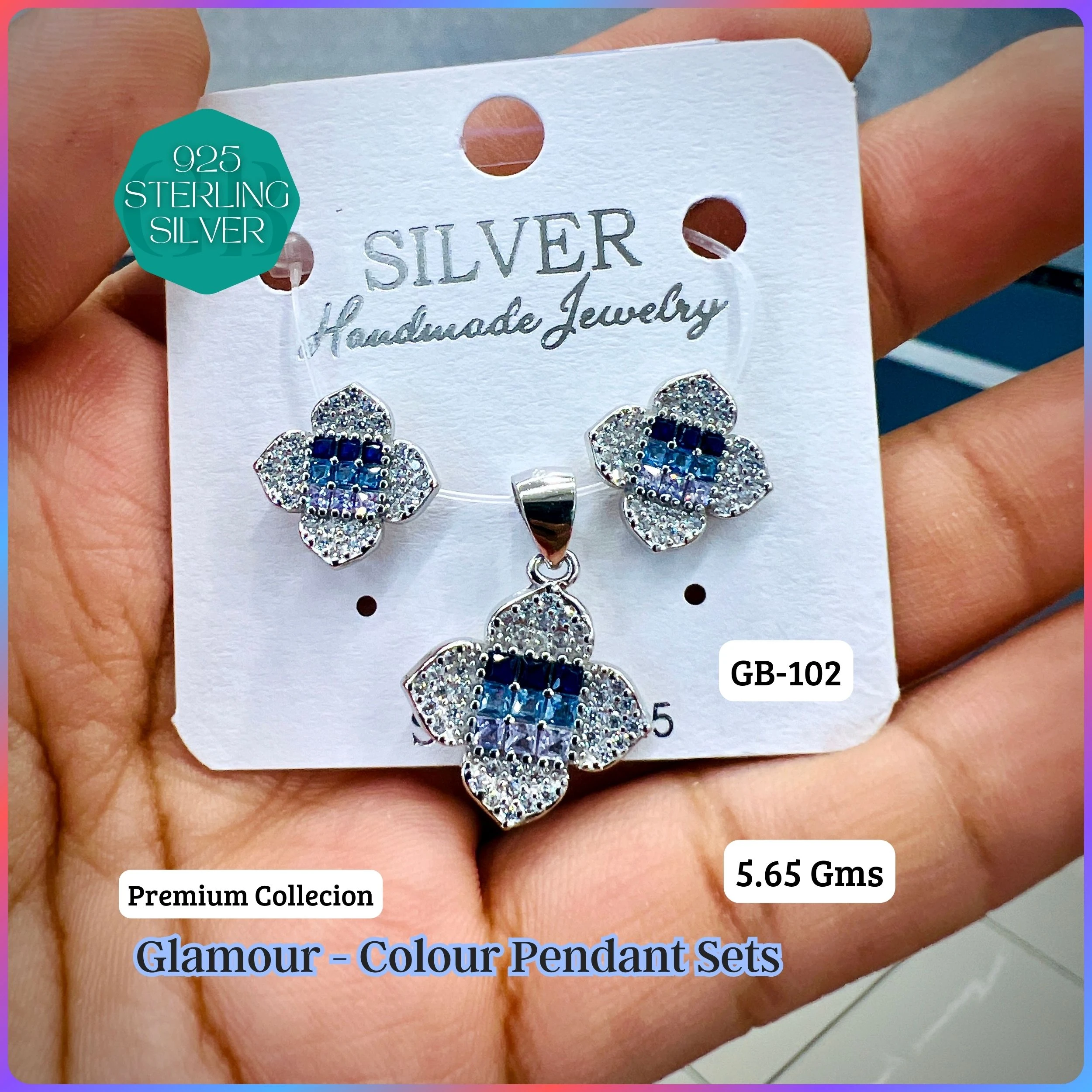 INVISIBLE SETTING COLOUR PENDANT SETS - Premium 925 Silver Jewellery - SKU: GB-102-010 - Hyderabad Silver Importers