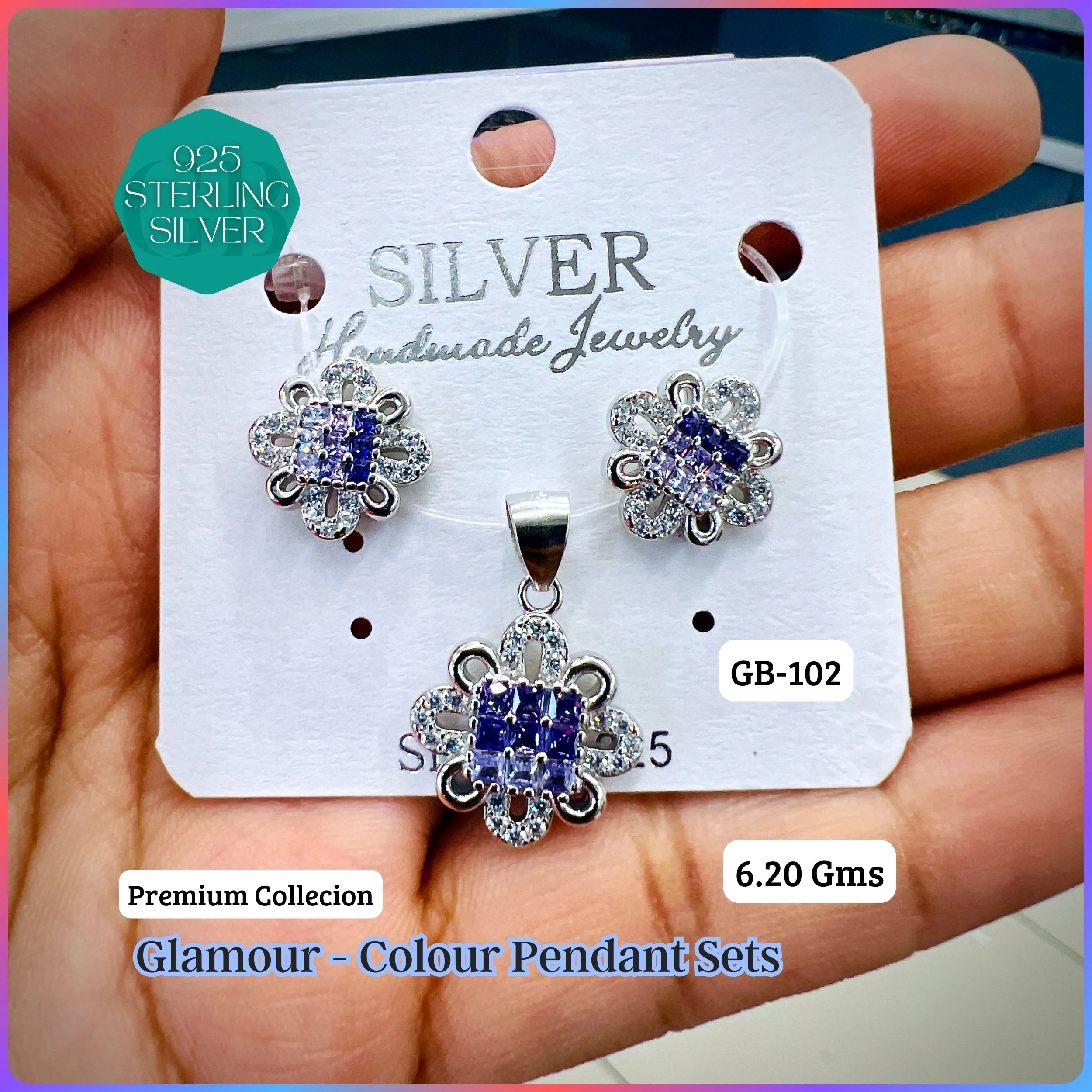 INVISIBLE SETTING COLOUR PENDANT SETS - Premium 925 Silver Jewellery - SKU: GB-102-013 - Hyderabad Silver Importers