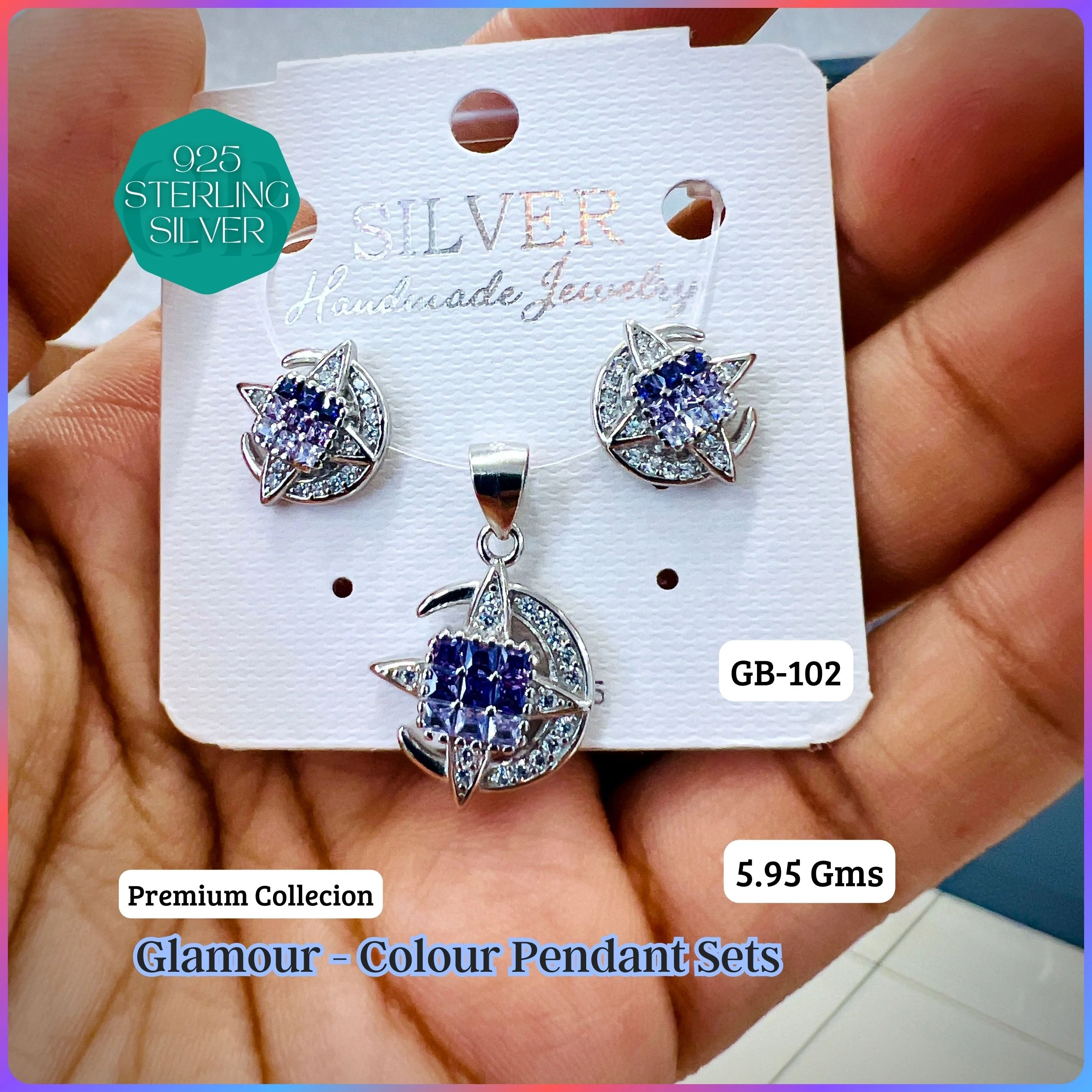 INVISIBLE SETTING COLOUR PENDANT SETS - Premium 925 Silver Jewellery - SKU: GB-102-015 - Hyderabad Silver Importers