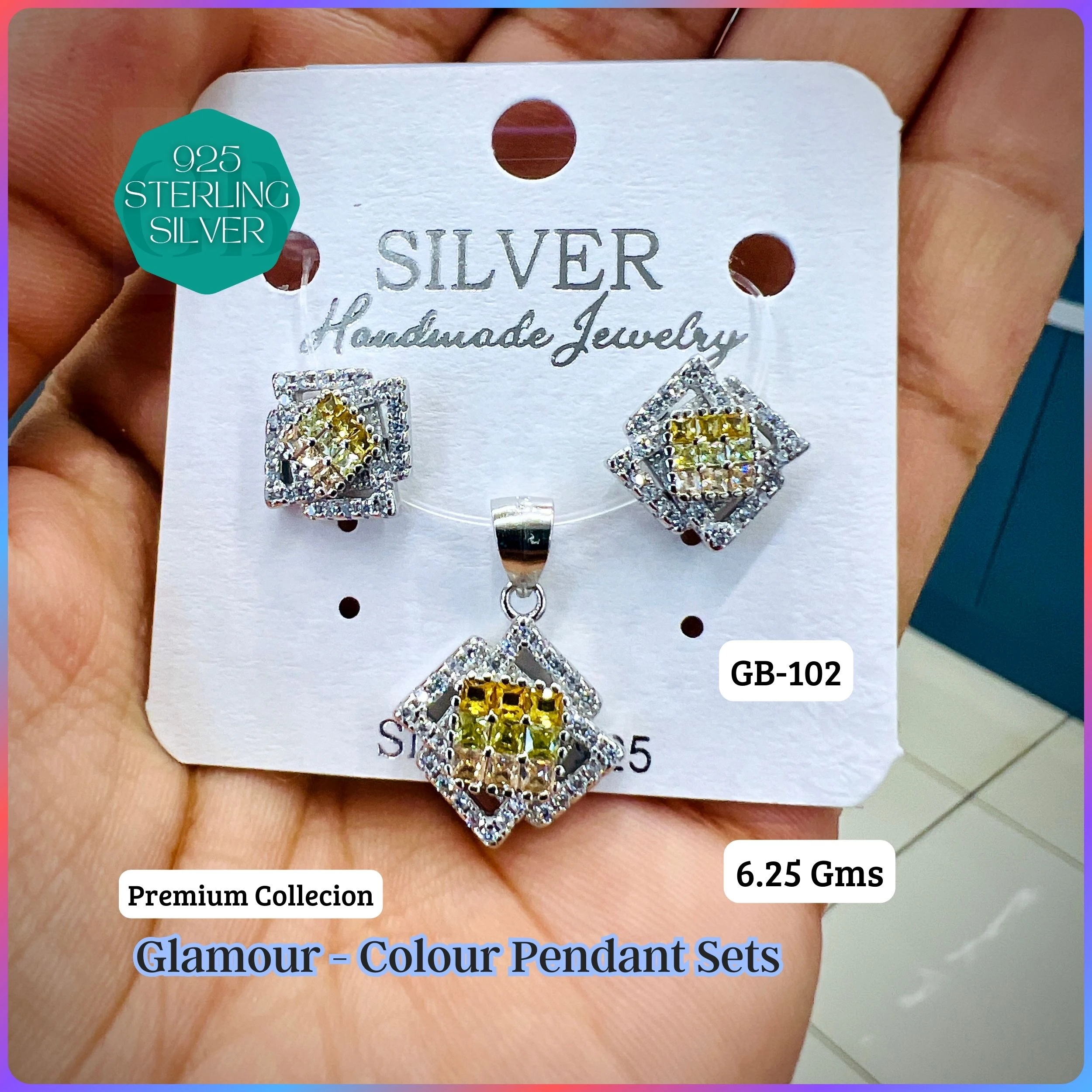 INVISIBLE SETTING COLOUR PENDANT SETS - Premium 925 Silver Jewellery - SKU: GB-102-017 - Hyderabad Silver Importers