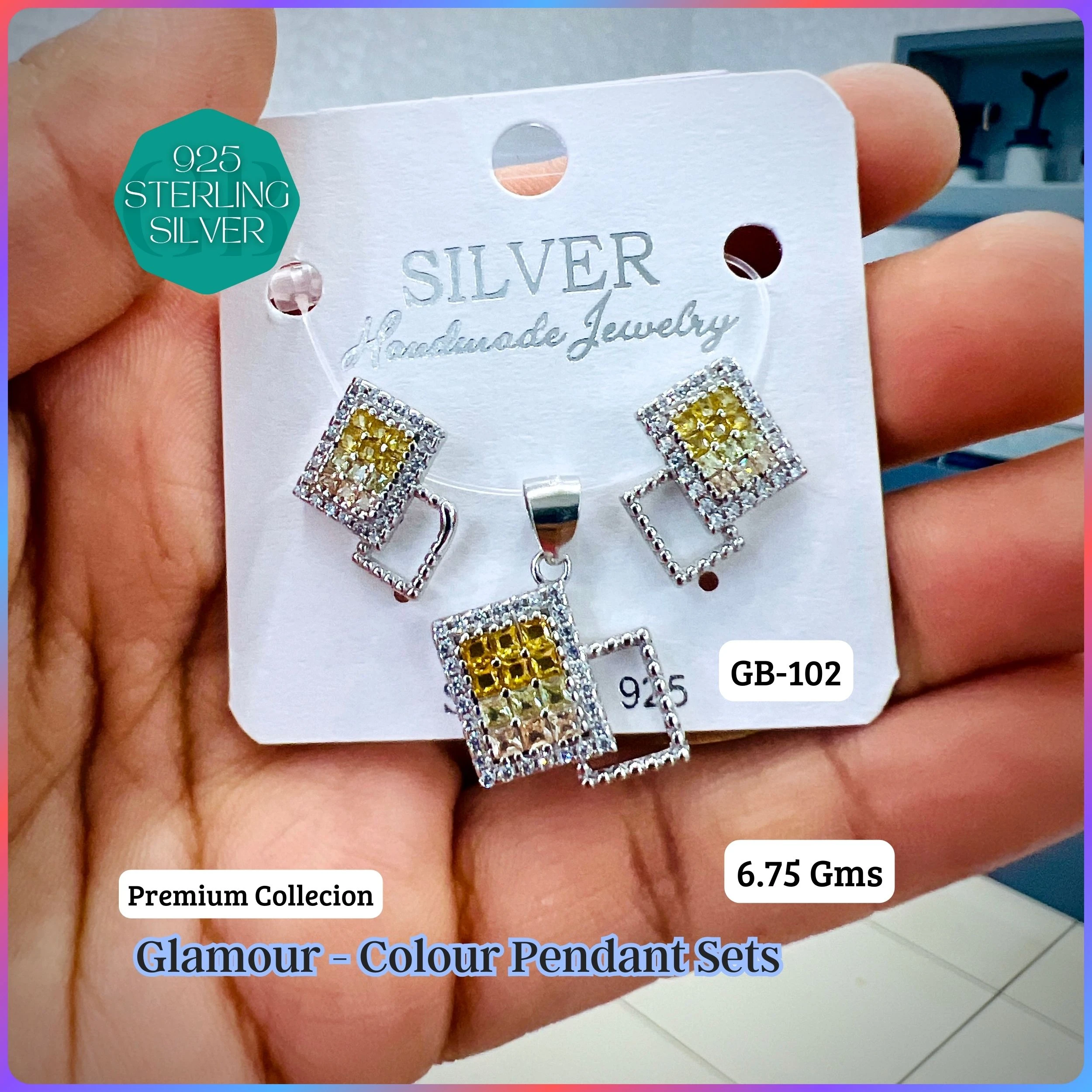 INVISIBLE SETTING COLOUR PENDANT SETS - Premium 925 Silver Jewellery - SKU: GB-102-018 - Hyderabad Silver Importers
