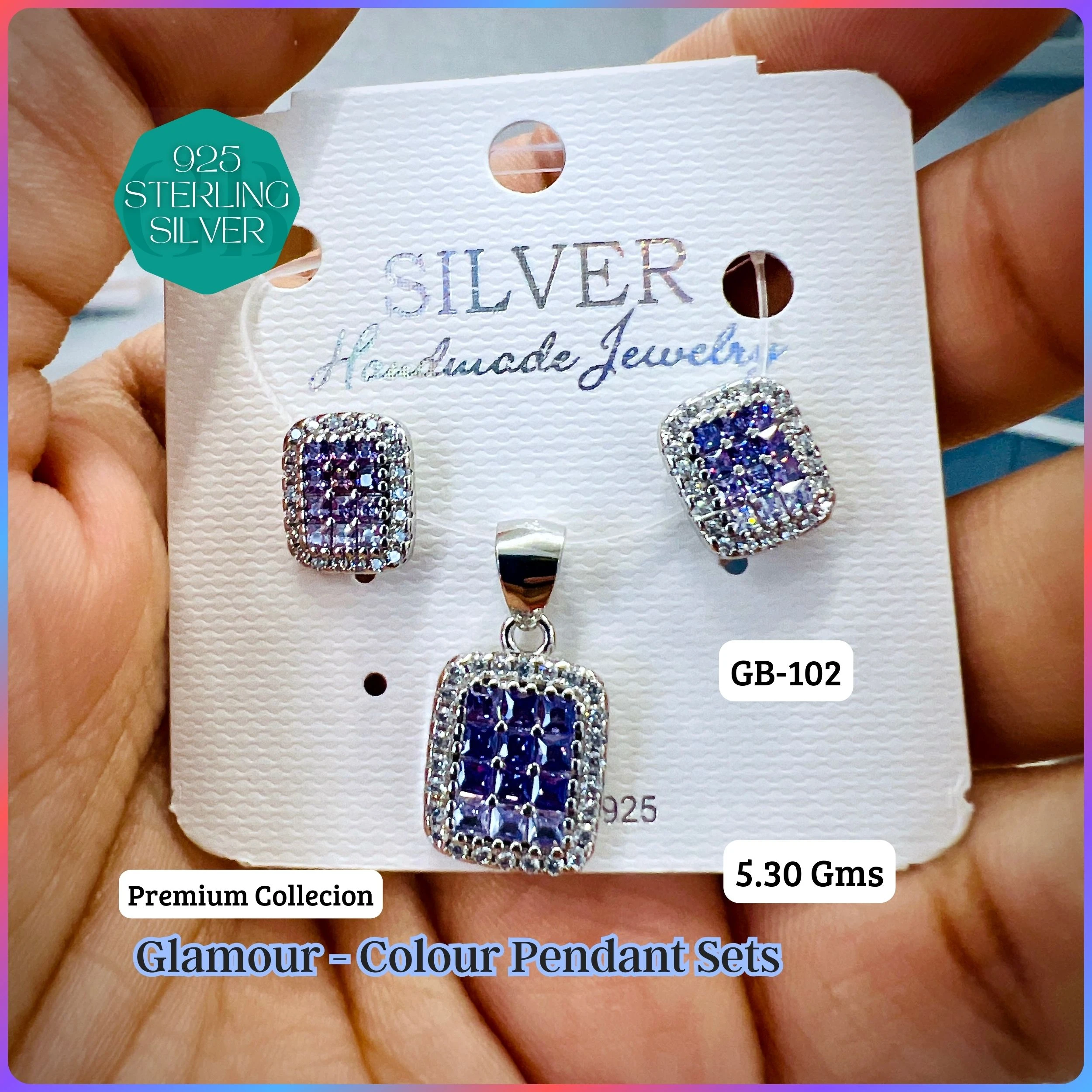 INVISIBLE SETTING COLOUR PENDANT SETS - Premium 925 Silver Jewellery - SKU: GB-102-019 - Hyderabad Silver Importers