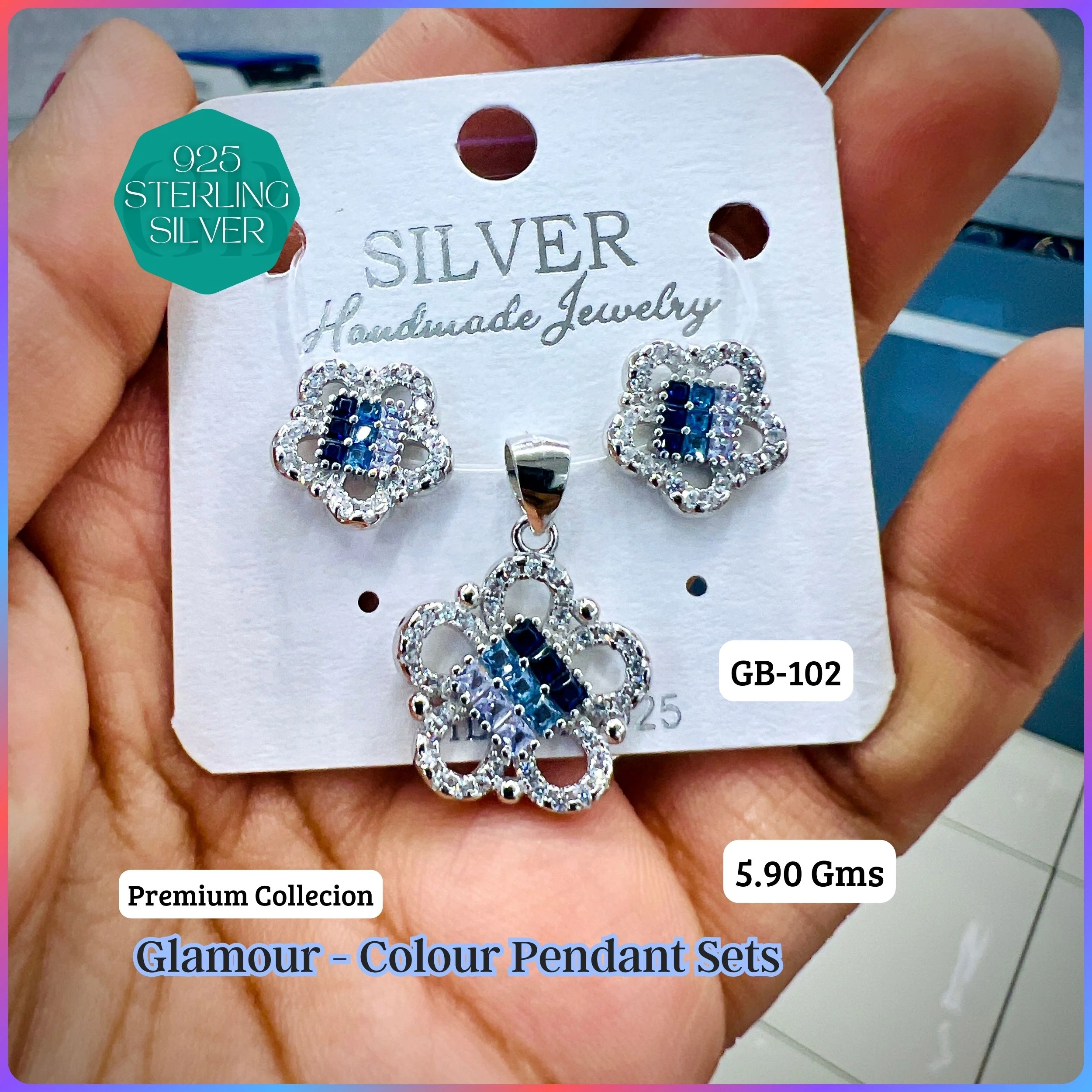 INVISIBLE SETTING COLOUR PENDANT SETS - Premium 925 Silver Jewellery - SKU: GB-102-020 - Hyderabad Silver Importers