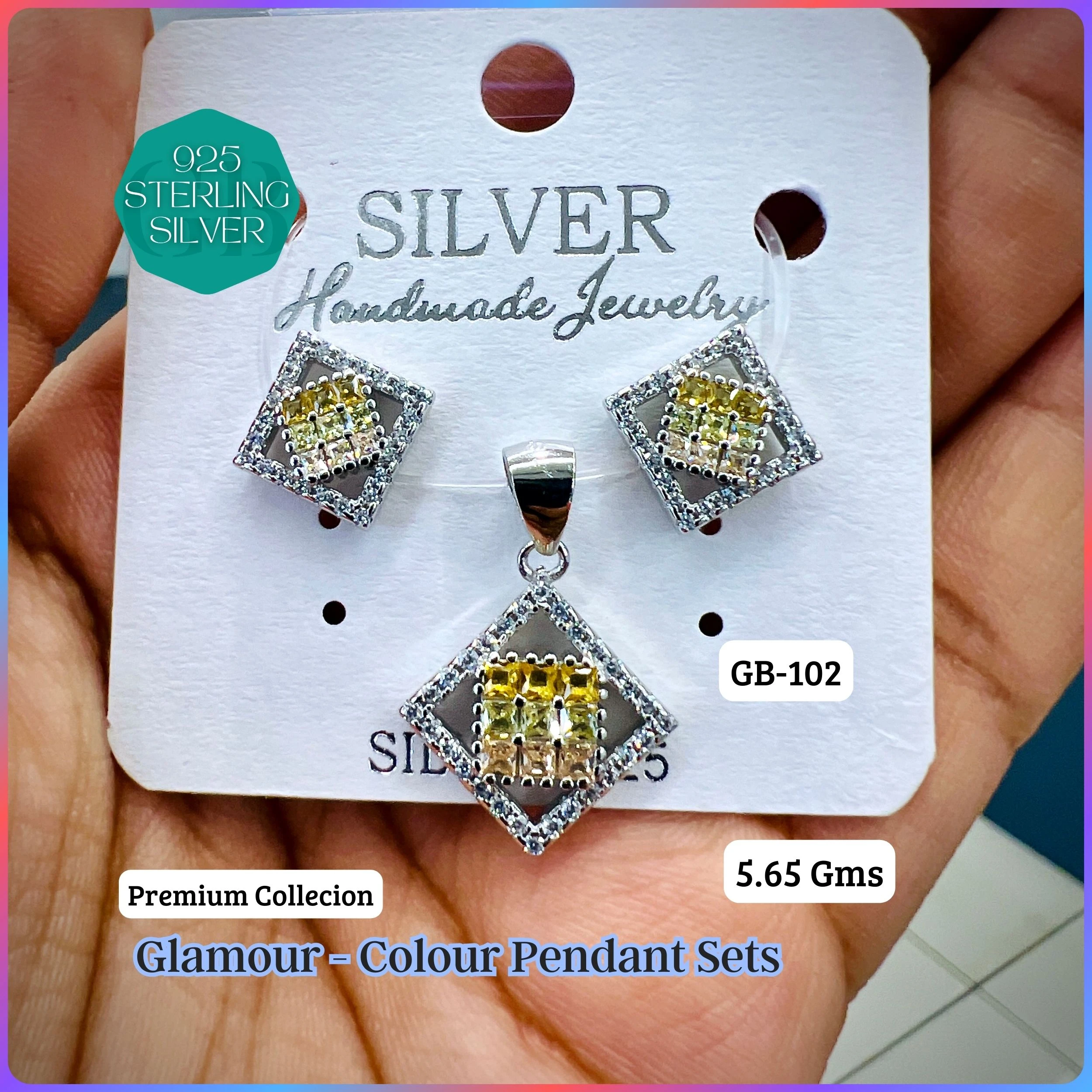 INVISIBLE SETTING COLOUR PENDANT SETS - Premium 925 Silver Jewellery - SKU: GB-102-022 - Hyderabad Silver Importers