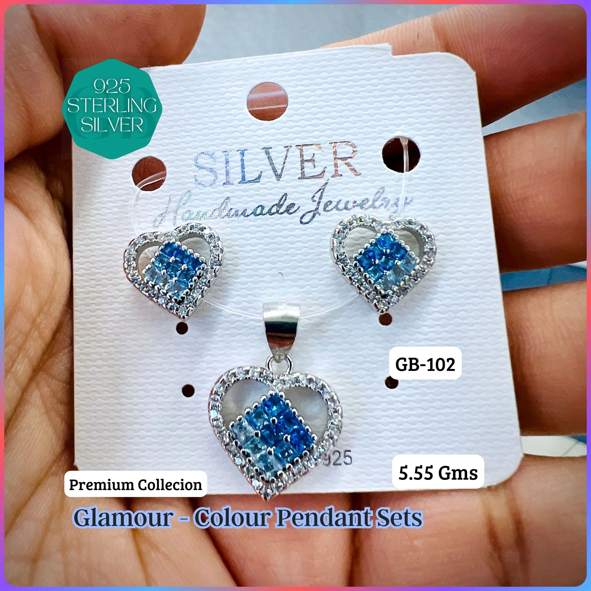 INVISIBLE SETTING COLOUR PENDANT SETS - Premium 925 Silver Jewellery - SKU: GB-102-023 - Hyderabad Silver Importers