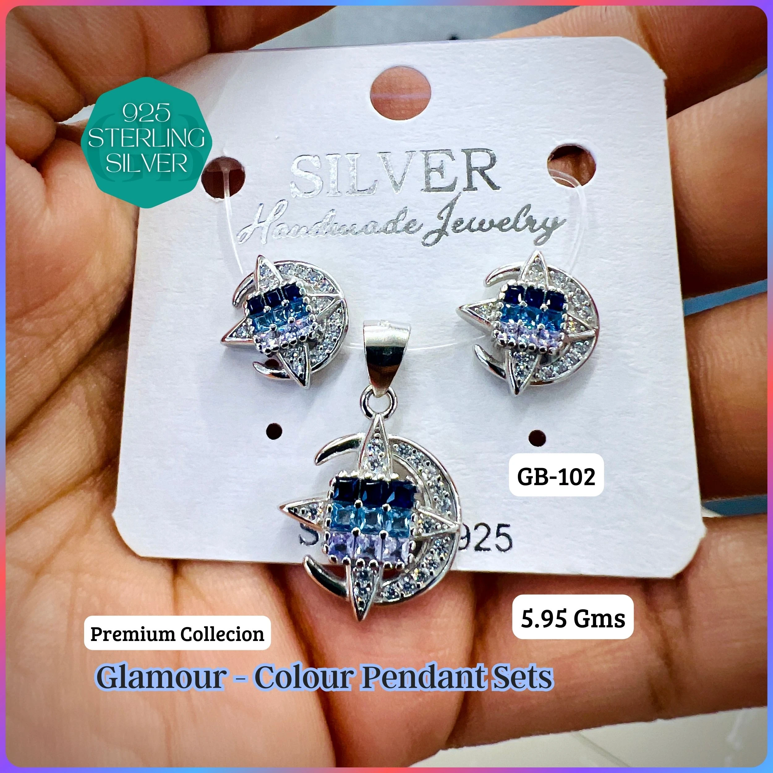 INVISIBLE SETTING COLOUR PENDANT SETS - Premium 925 Silver Jewellery - SKU: GB-102-024 - Hyderabad Silver Importers