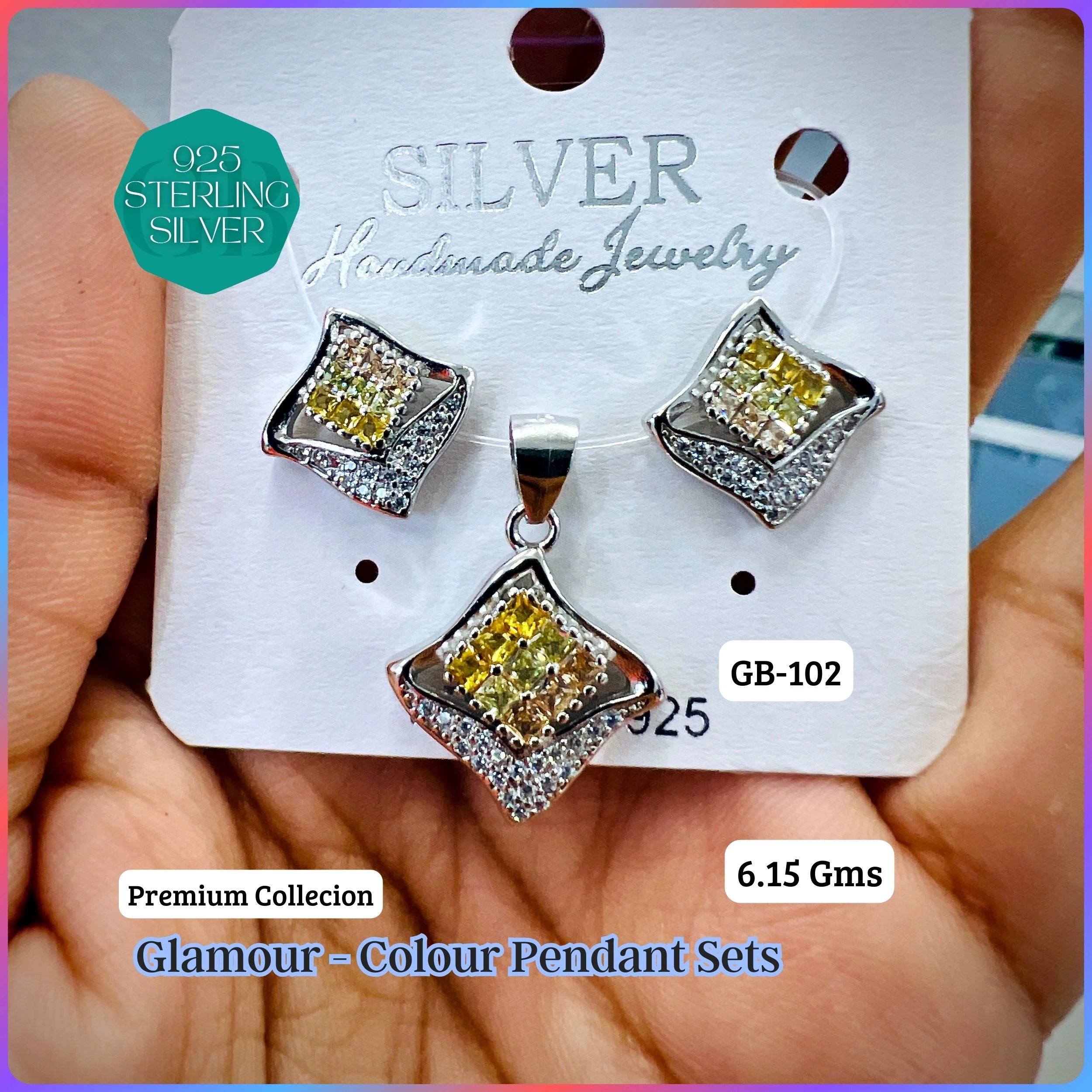 INVISIBLE SETTING COLOUR PENDANT SETS - Premium 925 Silver Jewellery - SKU: GB-102-025 - Hyderabad Silver Importers