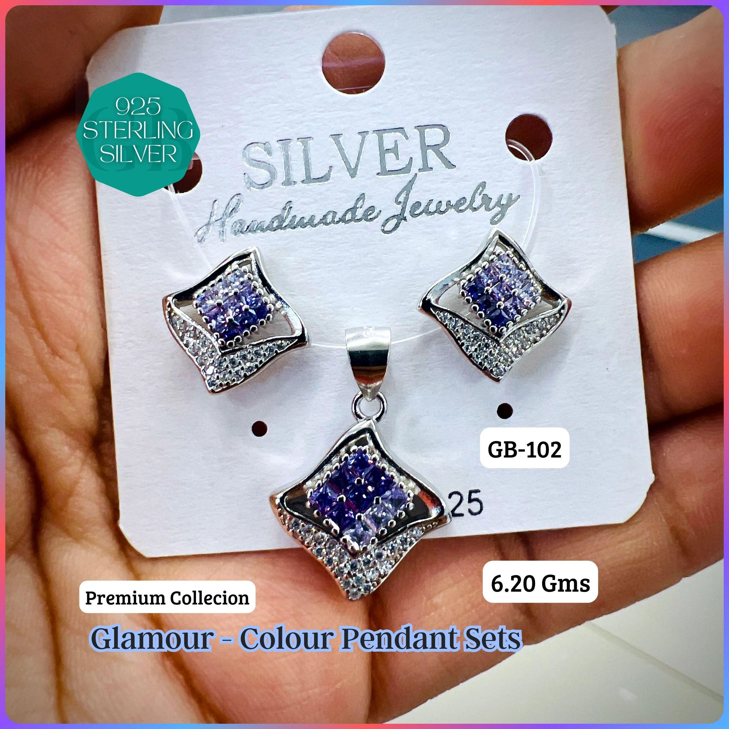 INVISIBLE SETTING COLOUR PENDANT SETS - Premium 925 Silver Jewellery - SKU: GB-102-027 - Hyderabad Silver Importers