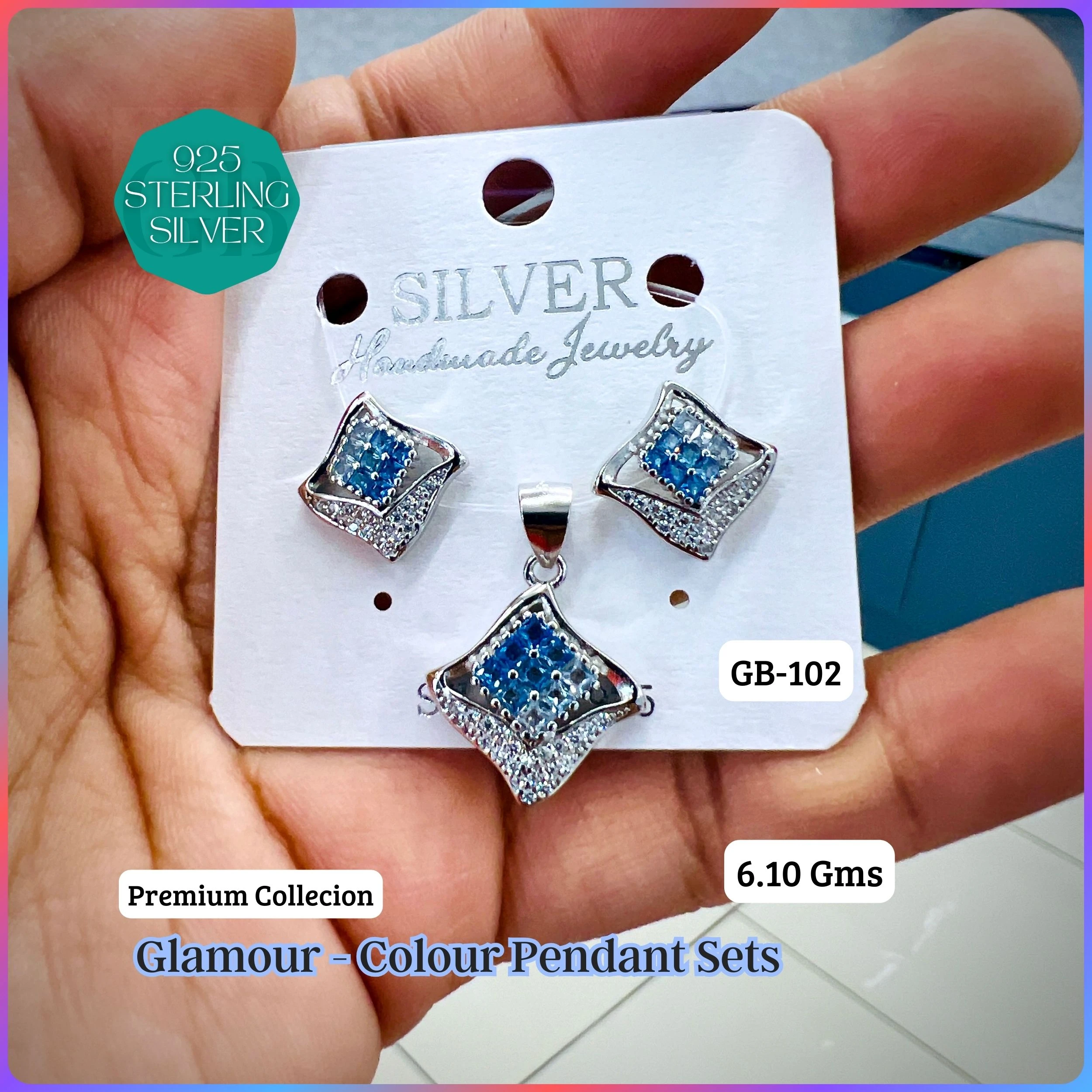 INVISIBLE SETTING COLOUR PENDANT SETS - Premium 925 Silver Jewellery - SKU: GB-102-031 - Hyderabad Silver Importers