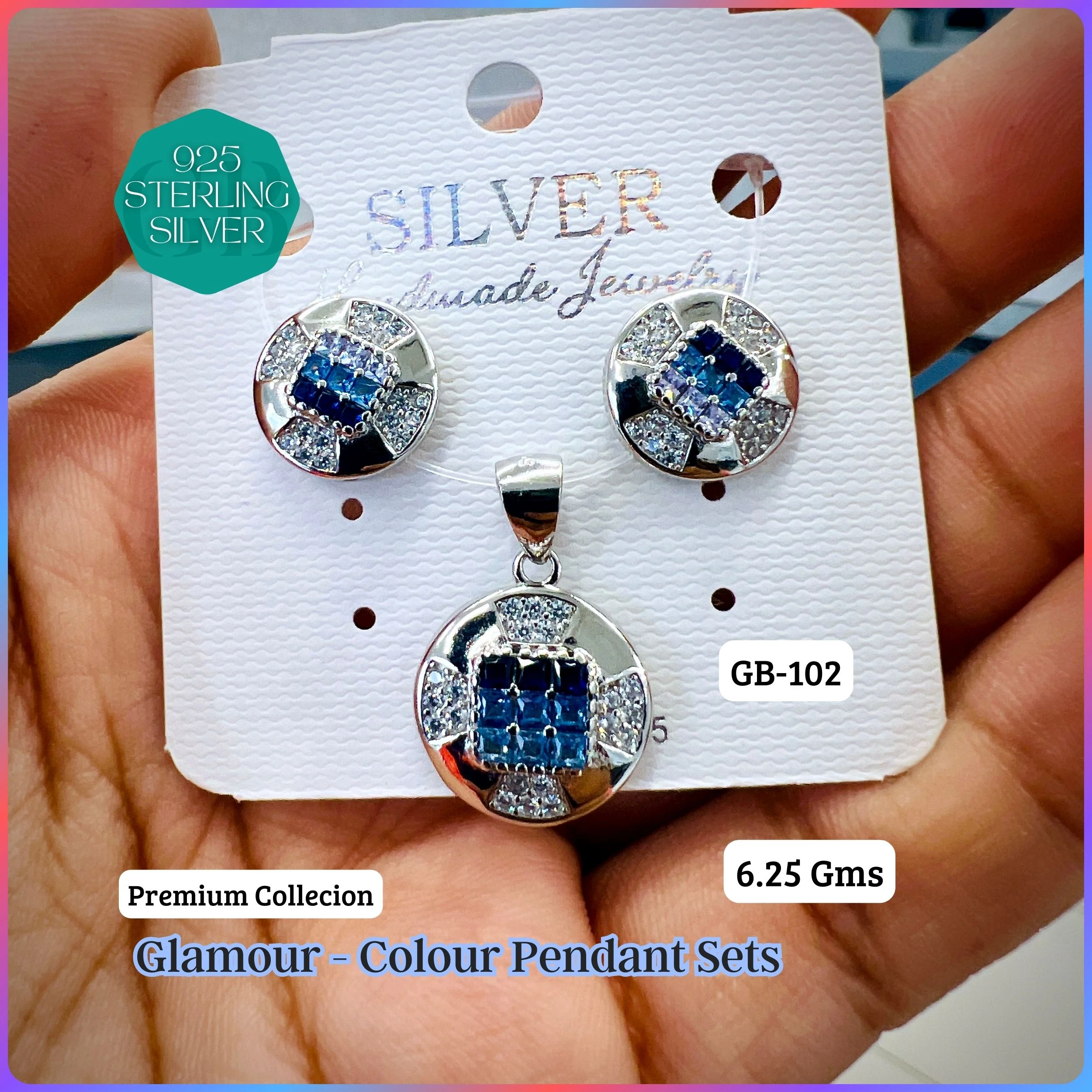 INVISIBLE SETTING COLOUR PENDANT SETS - Premium 925 Silver Jewellery - SKU: GB-102-032 - Hyderabad Silver Importers