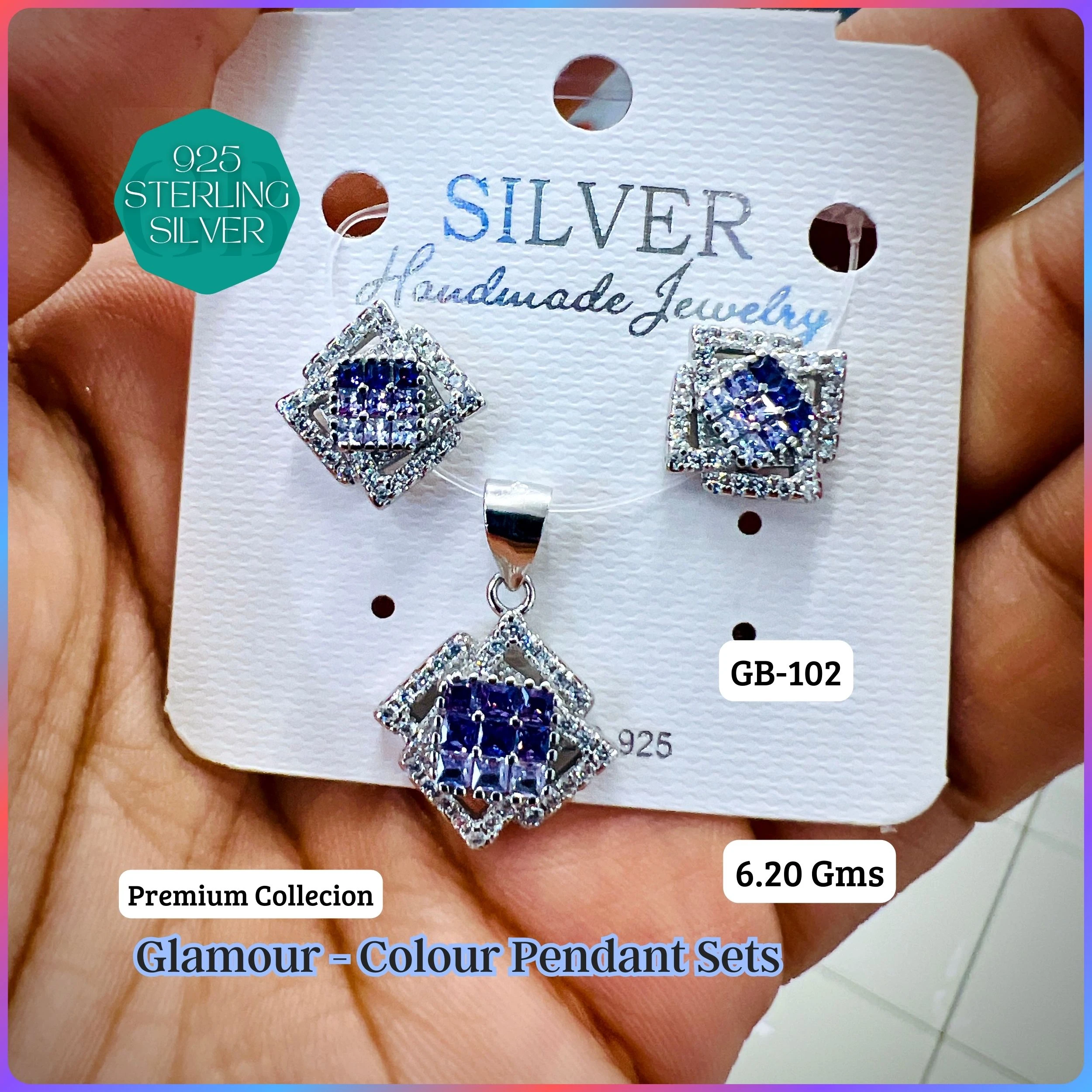 INVISIBLE SETTING COLOUR PENDANT SETS - Premium 925 Silver Jewellery - SKU: GB-102-035 - Hyderabad Silver Importers