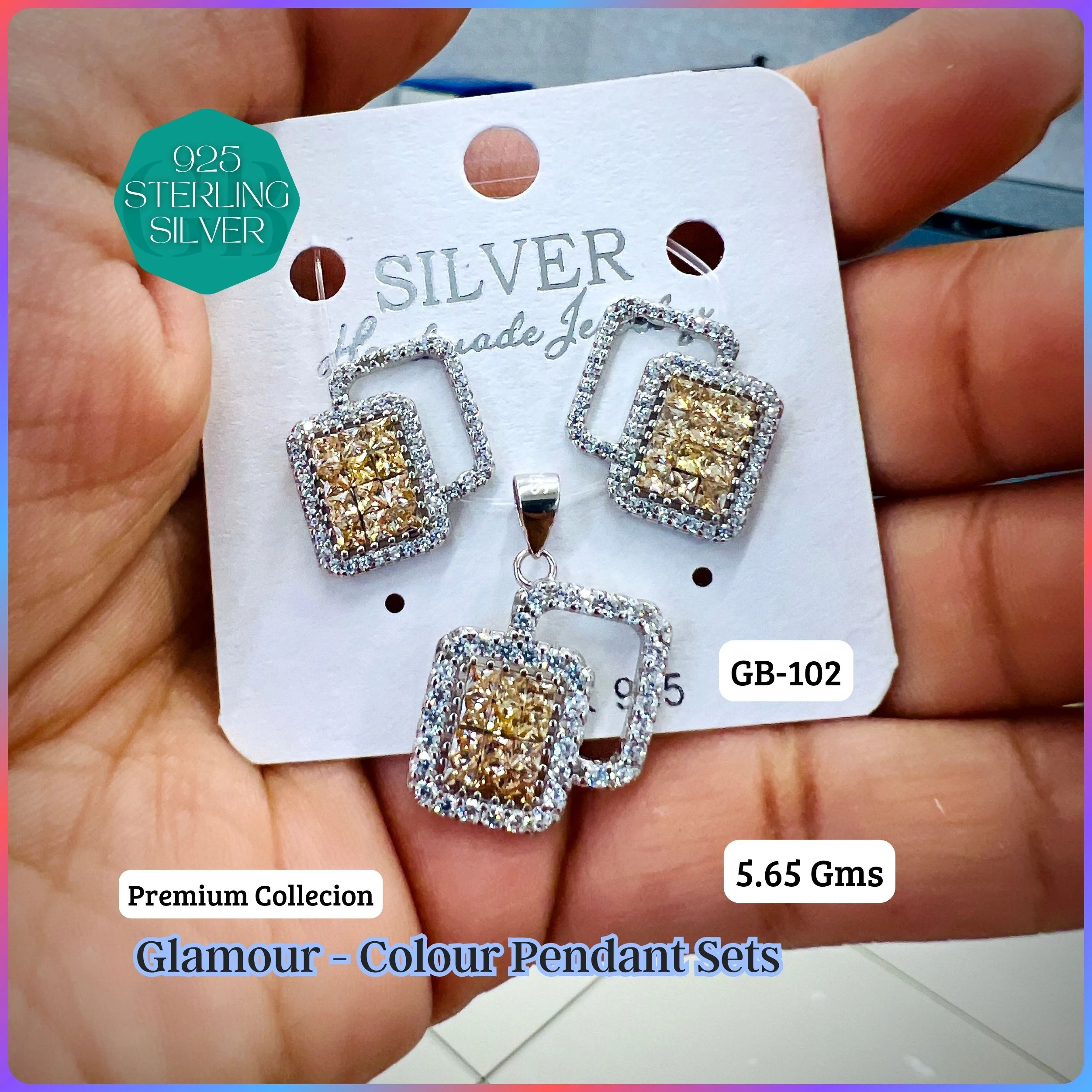 INVISIBLE SETTING COLOUR PENDANT SETS - Premium 925 Silver Jewellery - SKU: GB-102-037 - Hyderabad Silver Importers
