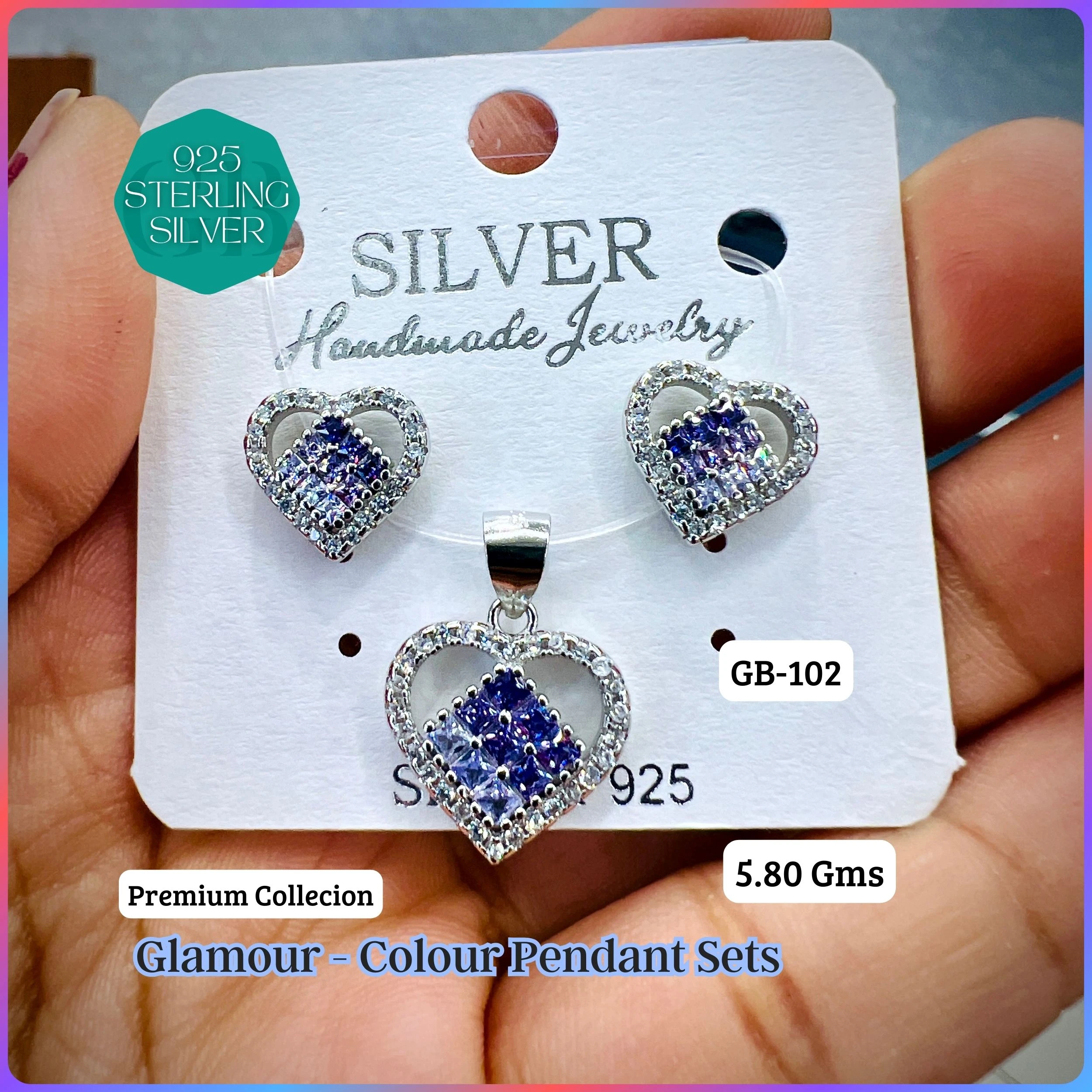 INVISIBLE SETTING COLOUR PENDANT SETS - Premium 925 Silver Jewellery - SKU: GB-102-038 - Hyderabad Silver Importers