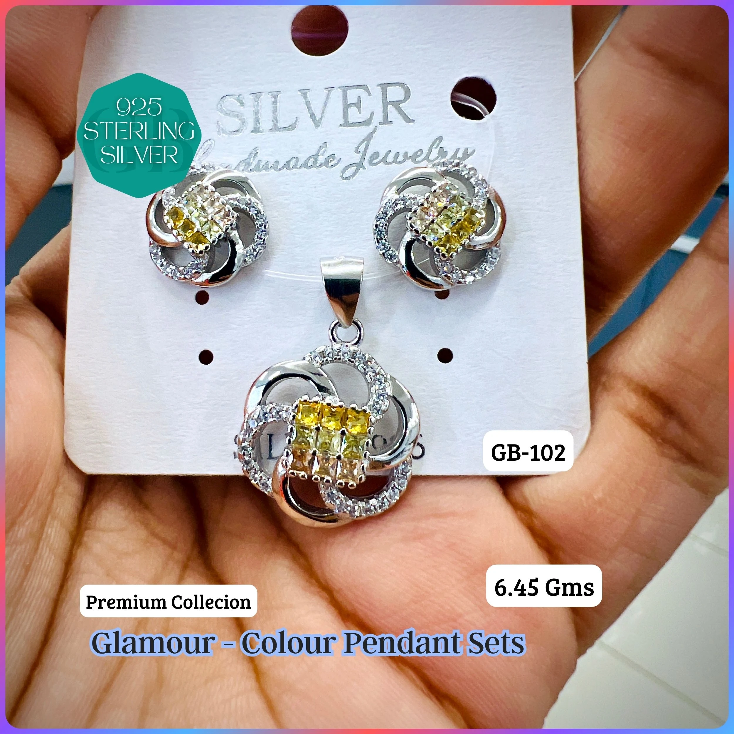 INVISIBLE SETTING COLOUR PENDANT SETS - Premium 925 Silver Jewellery - SKU: GB-102-039 - Hyderabad Silver Importers