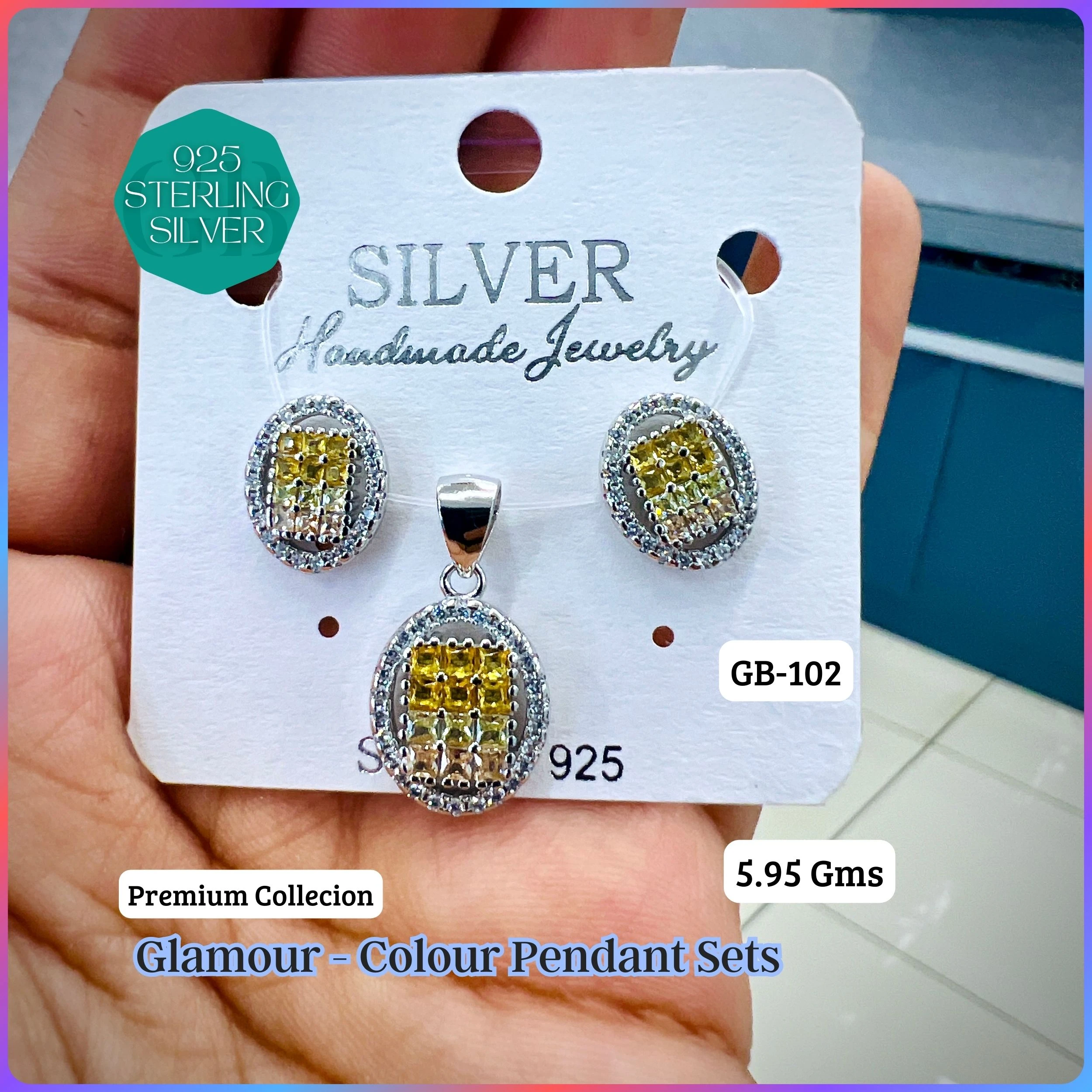 INVISIBLE SETTING COLOUR PENDANT SETS - Premium 925 Silver Jewellery - SKU: GB-102-040 - Hyderabad Silver Importers