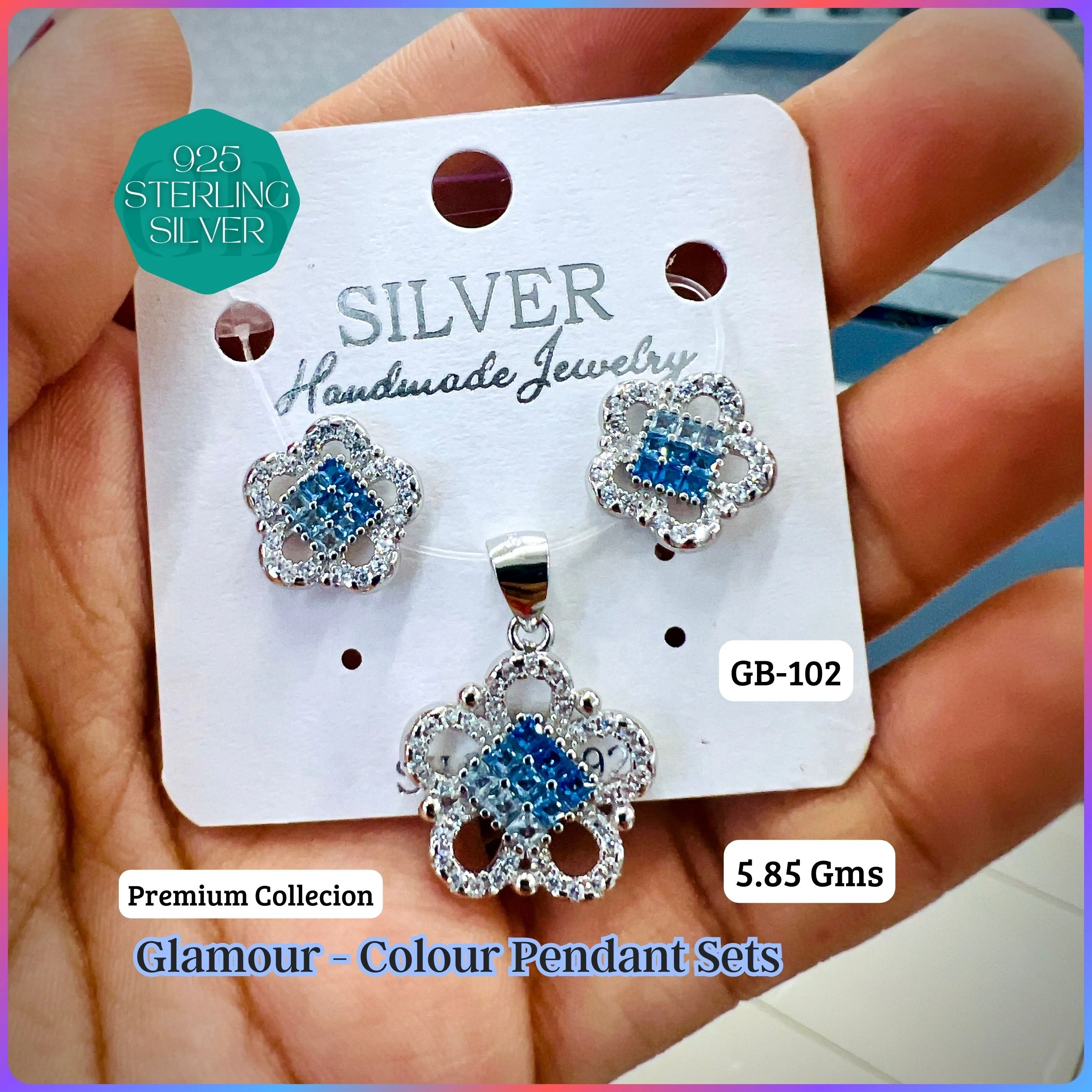 INVISIBLE SETTING COLOUR PENDANT SETS - Premium 925 Silver Jewellery - SKU: GB-102-041 - Hyderabad Silver Importers