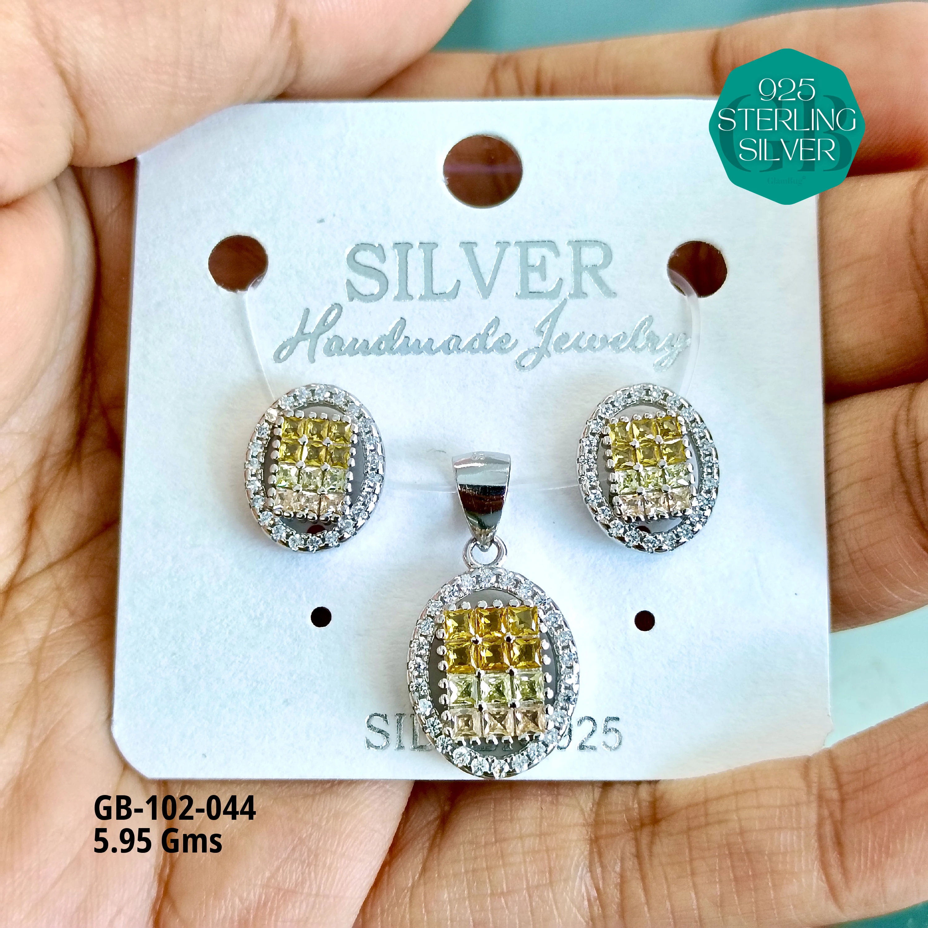 INVISIBLE SETTING COLOUR PENDANT SETS - Premium 925 Silver Jewellery - SKU: GB-102-044 - Hyderabad Silver Importers