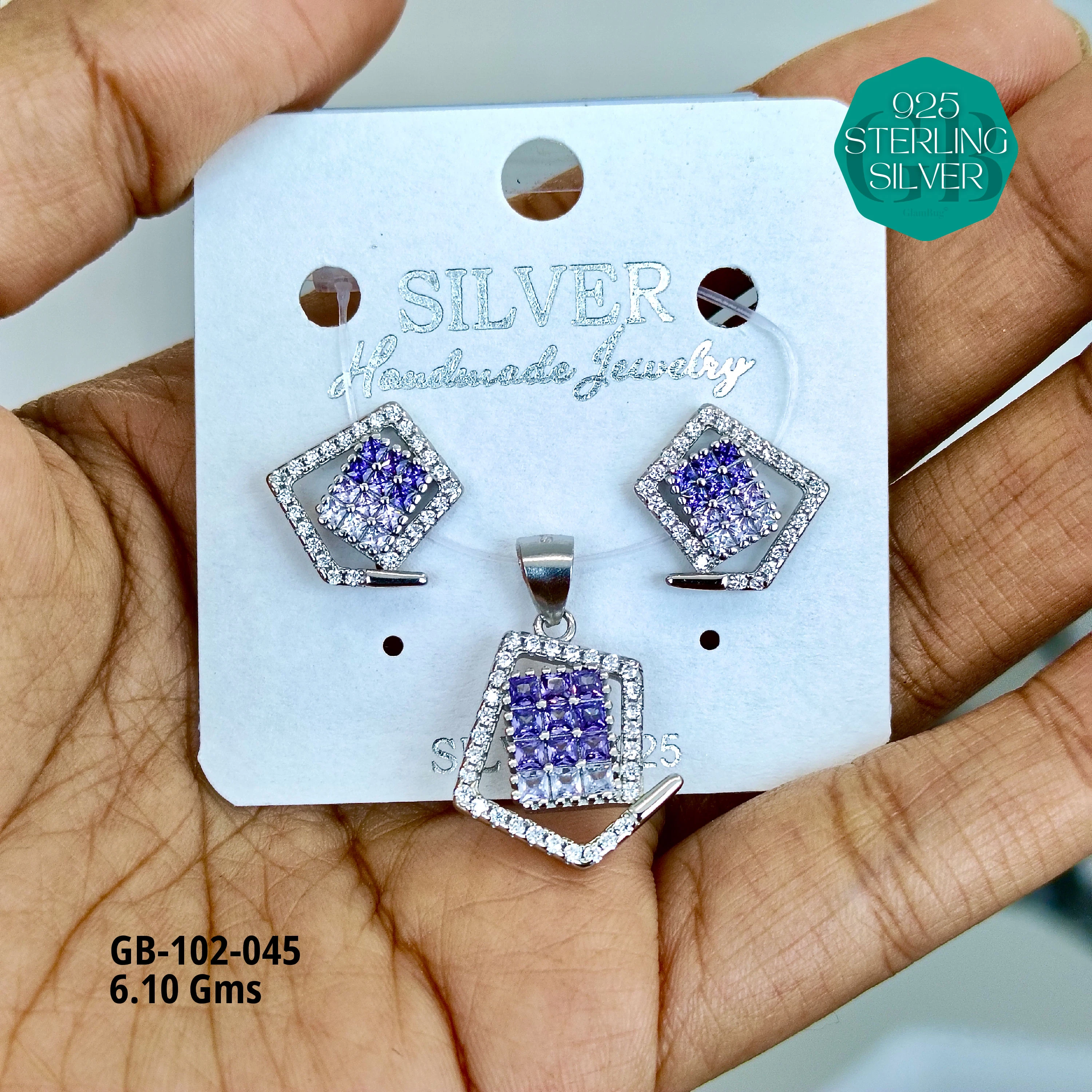 INVISIBLE SETTING COLOUR PENDANT SETS - Premium 925 Silver Jewellery - SKU: GB-102-045 - Hyderabad Silver Importers