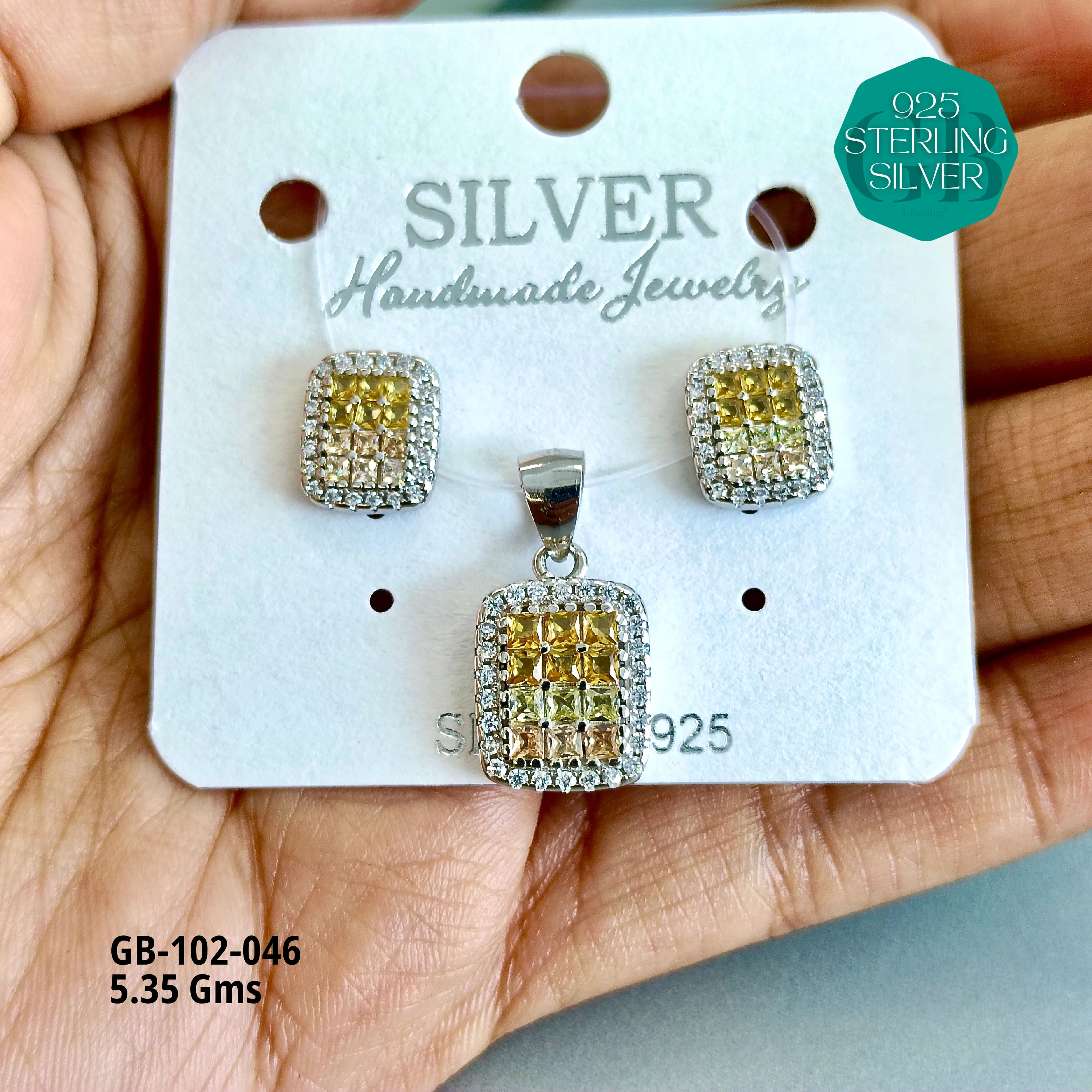 INVISIBLE SETTING COLOUR PENDANT SETS - Premium 925 Silver Jewellery - SKU: GB-102-046 - Hyderabad Silver Importers