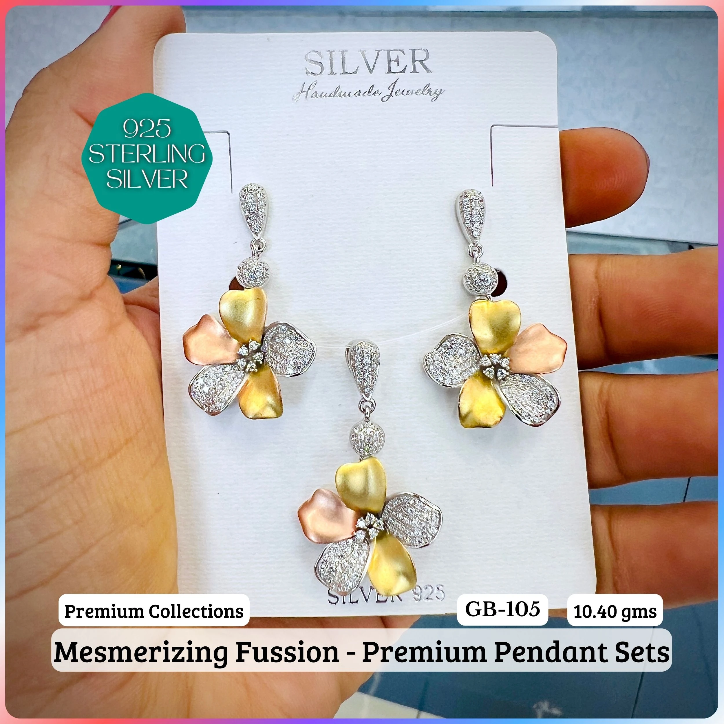 MF - Premium Pendant Sets B - Premium 925 Silver Jewellery - SKU: GB-105B-011 - Hyderabad Silver Importers