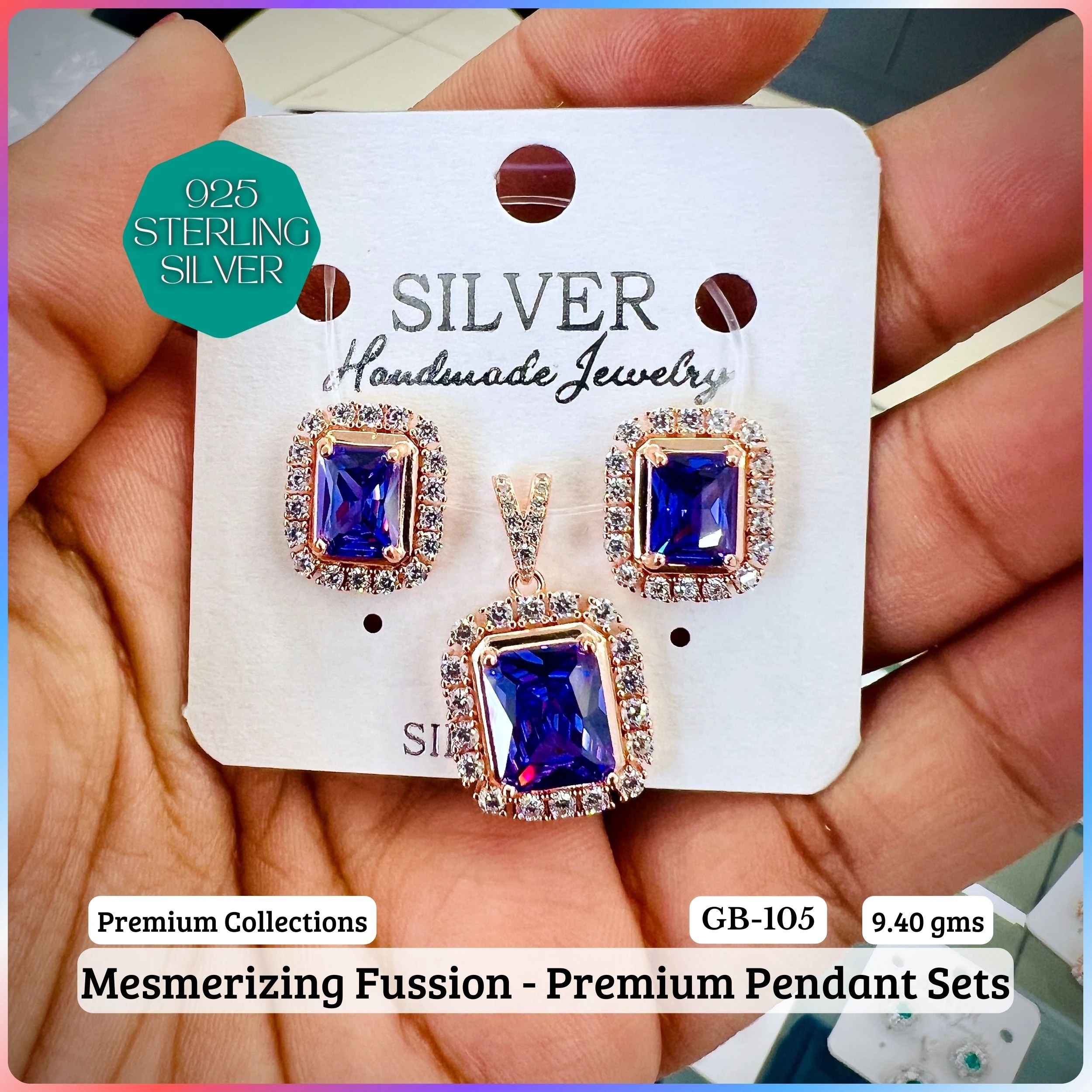 MF - Premium Pendant Sets B - Premium 925 Silver Jewellery - SKU: GB-105B-031 - Hyderabad Silver Importers