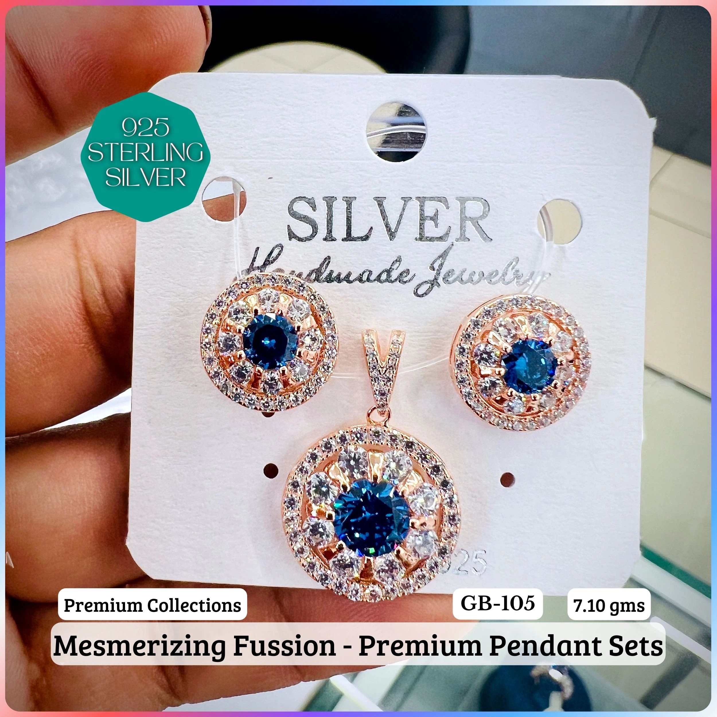 MF - Premium Pendant Sets B - Premium 925 Silver Jewellery - SKU: GB-105B-035 - Hyderabad Silver Importers