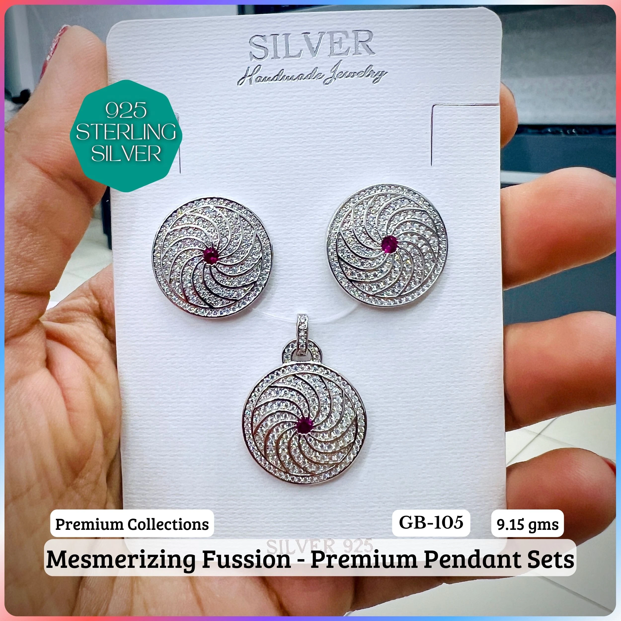 MF - Premium Pendant Sets B - Premium 925 Silver Jewellery - SKU: GB-105B-077 - Hyderabad Silver Importers