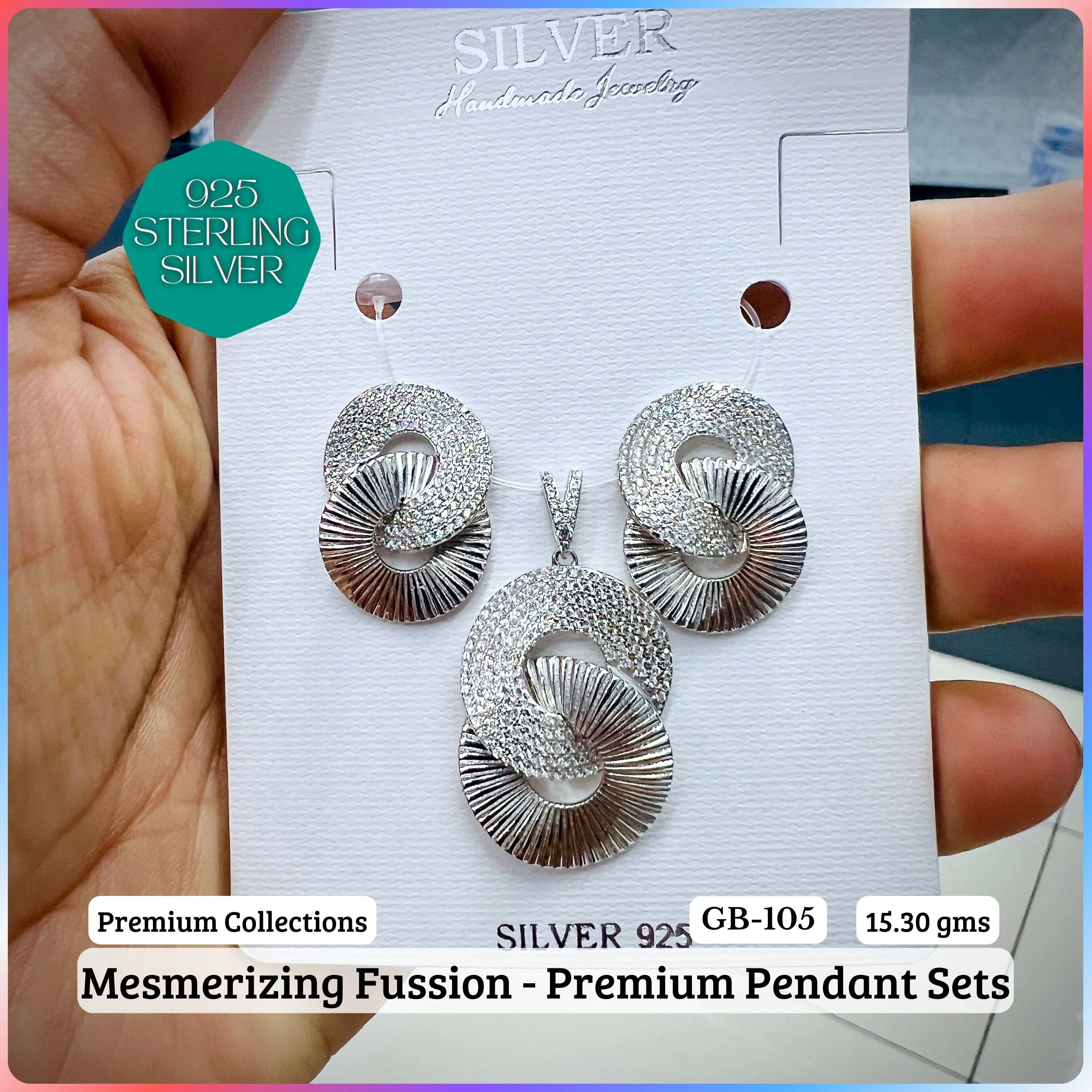 MF - Premium Pendant Sets B - Premium 925 Silver Jewellery - SKU: GB-105B-085 - Hyderabad Silver Importers