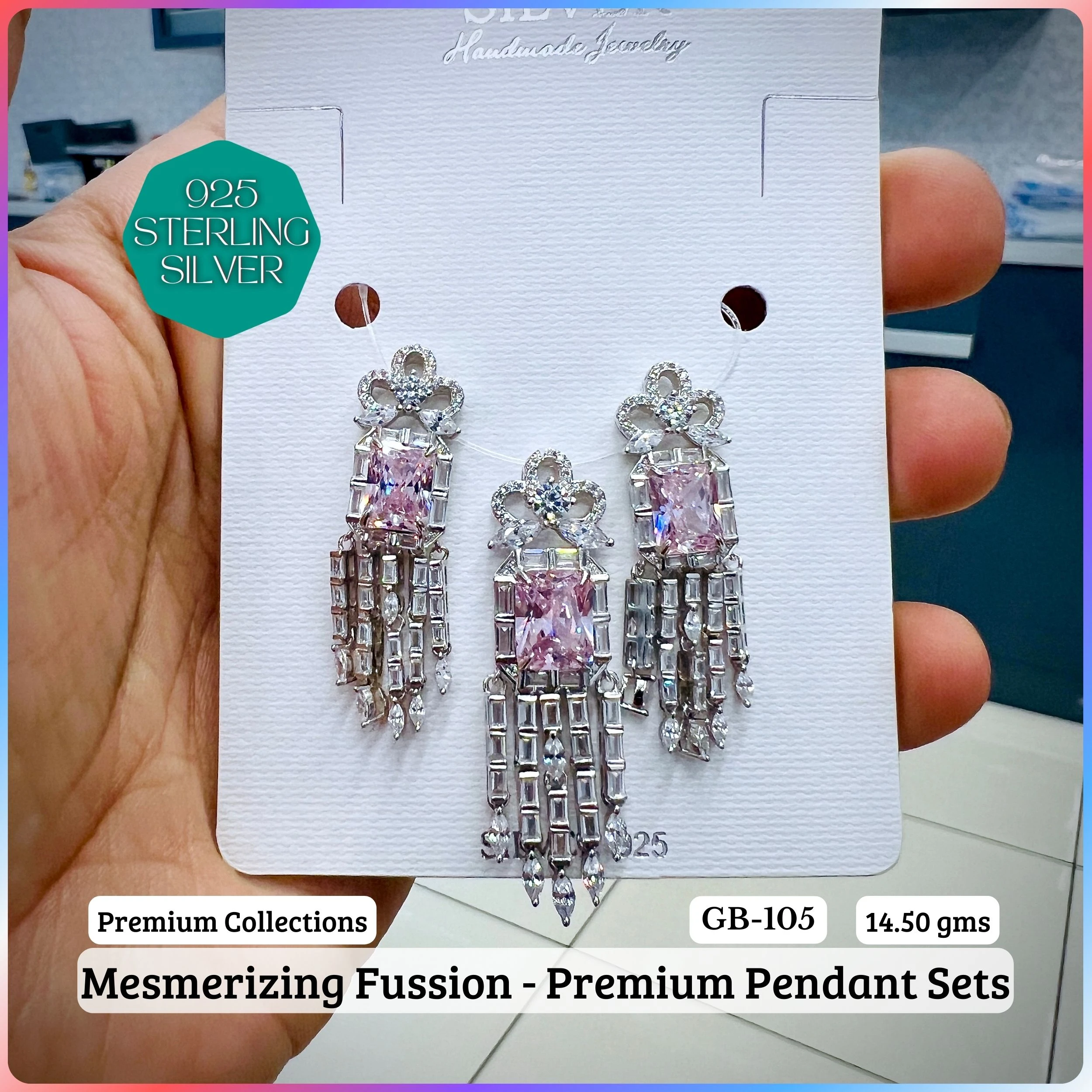 MF - Premium Pendant Sets B - Premium 925 Silver Jewellery - SKU: GB-105B-095 - Hyderabad Silver Importers