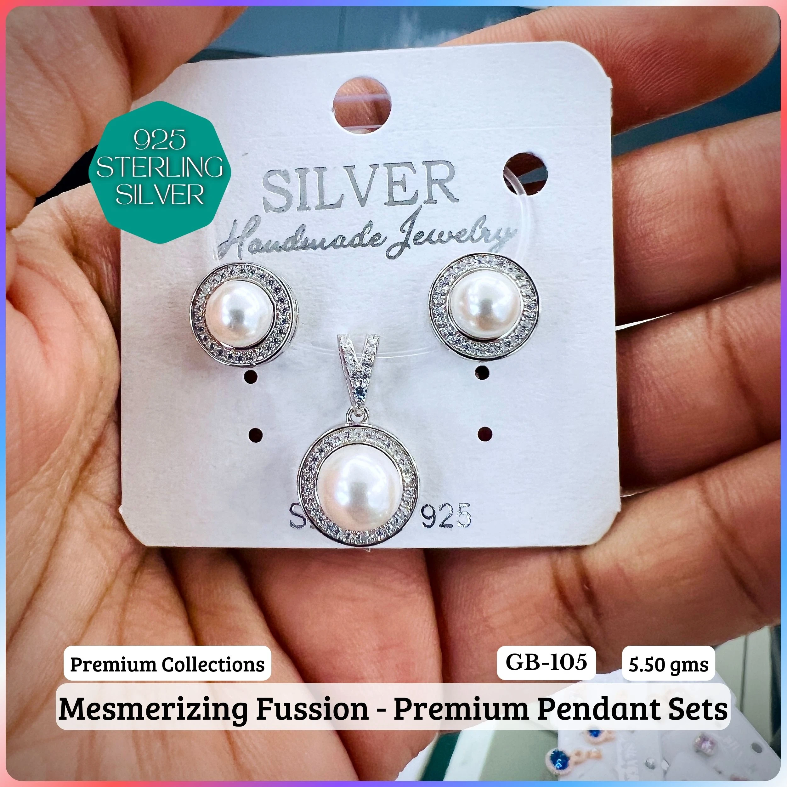MF - Premium Pendant Sets - Pearl - Premium 925 Silver Jewellery - SKU: GB-105P-001 - Hyderabad Silver Importers