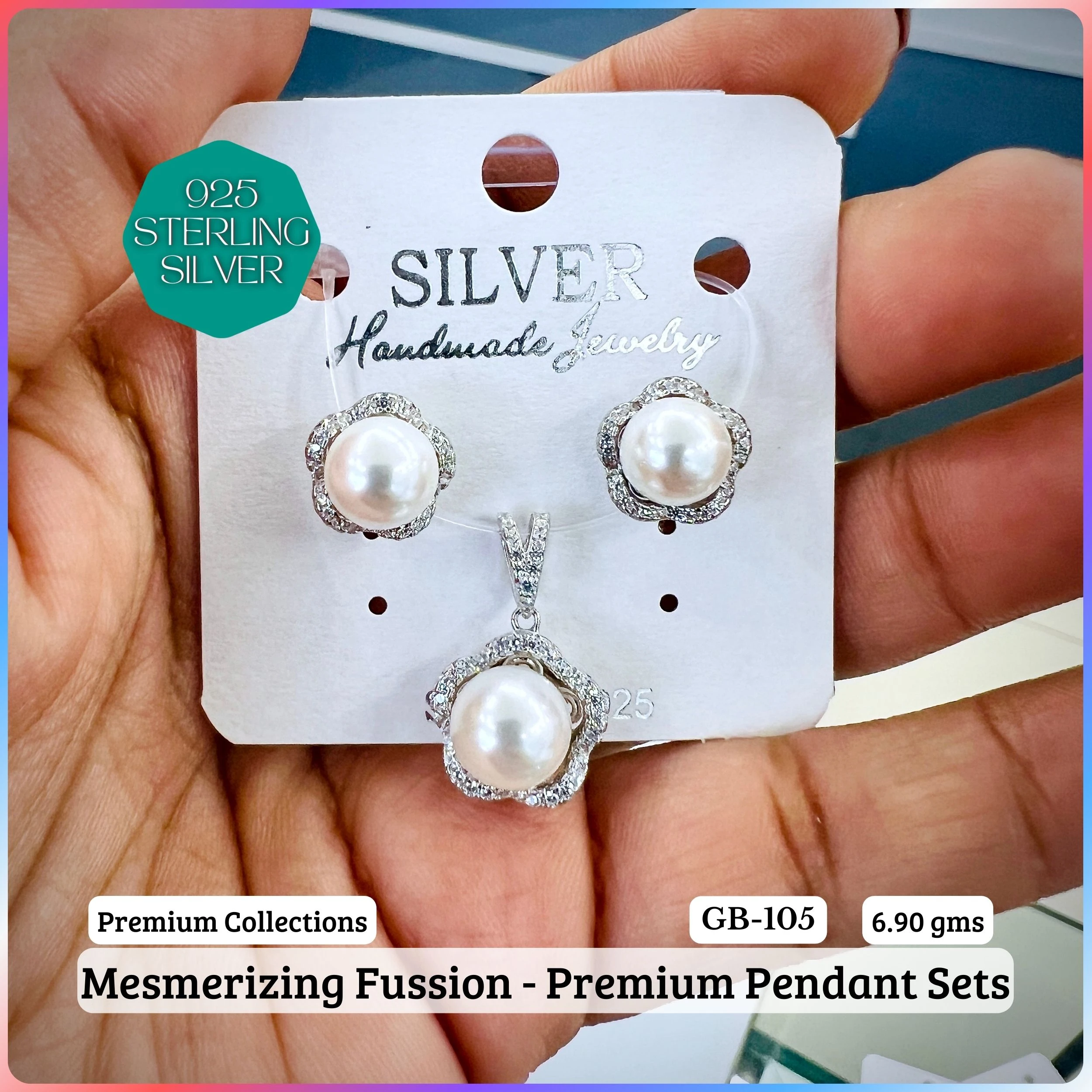 MF - Premium Pendant Sets - Pearl - Premium 925 Silver Jewellery - SKU: GB-105P-003 - Hyderabad Silver Importers