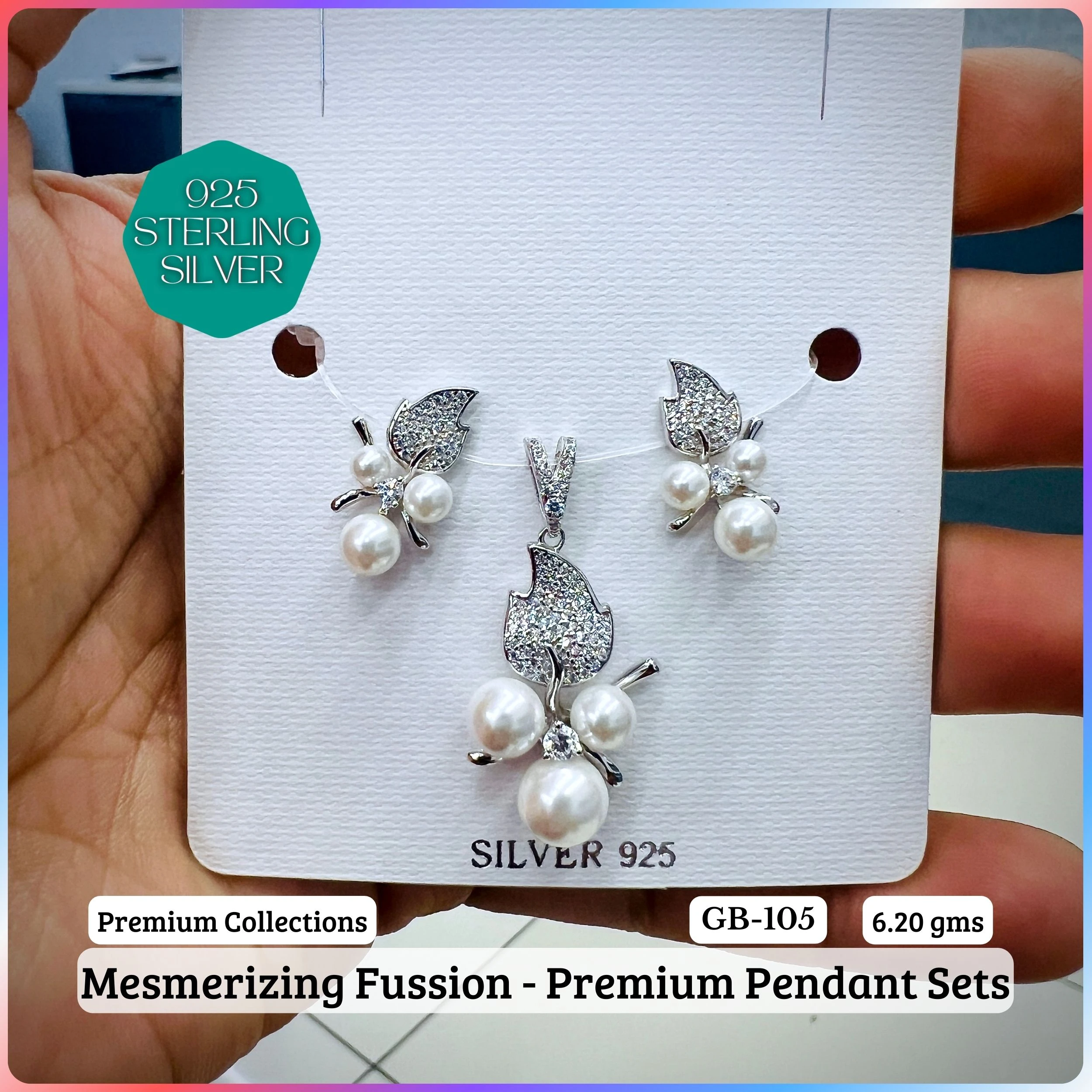 MF - Premium Pendant Sets - Pearl - Premium 925 Silver Jewellery - SKU: GB-105P-013 - Hyderabad Silver Importers