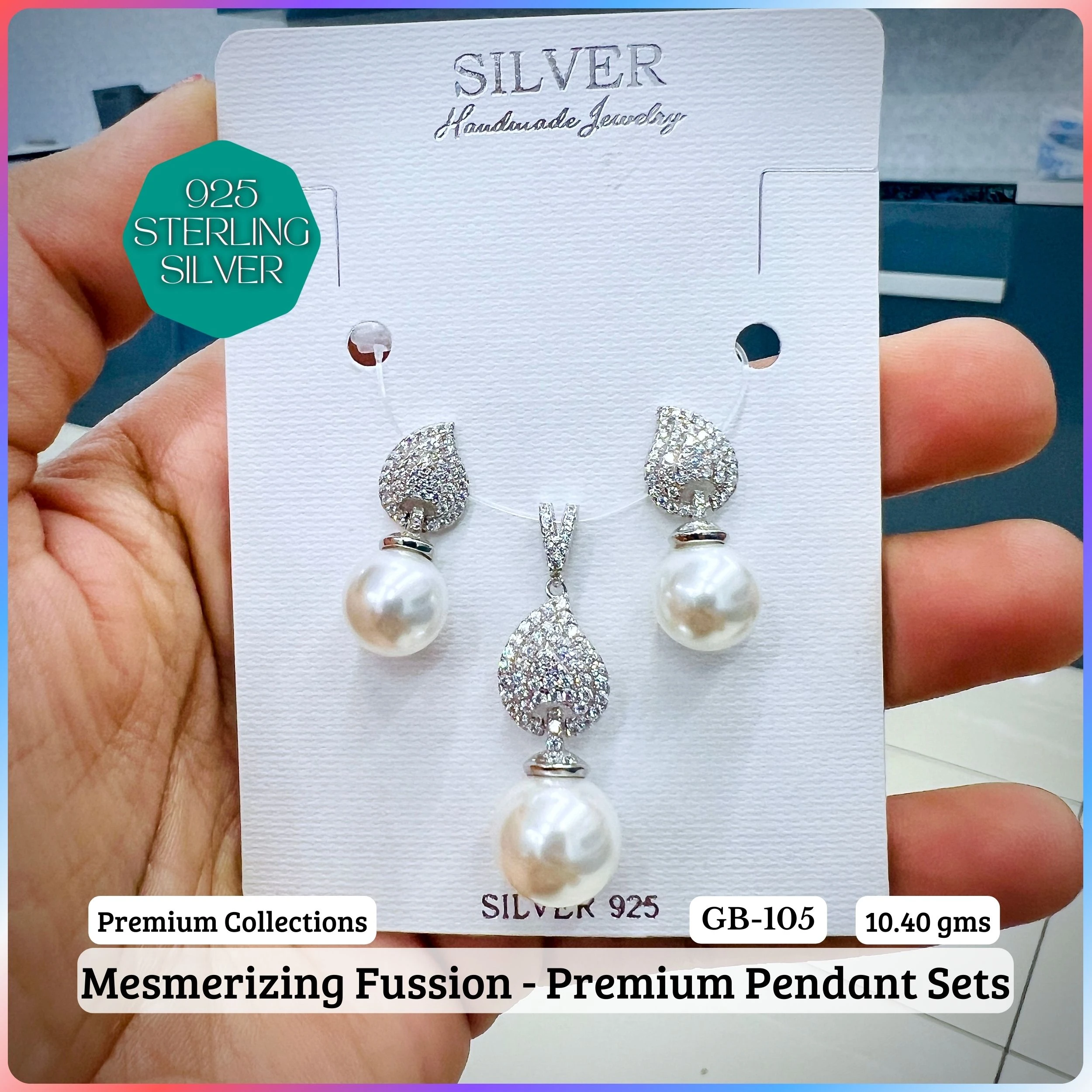 MF - Premium Pendant Sets - Pearl - Premium 925 Silver Jewellery - SKU: GB-105P-014 - Hyderabad Silver Importers