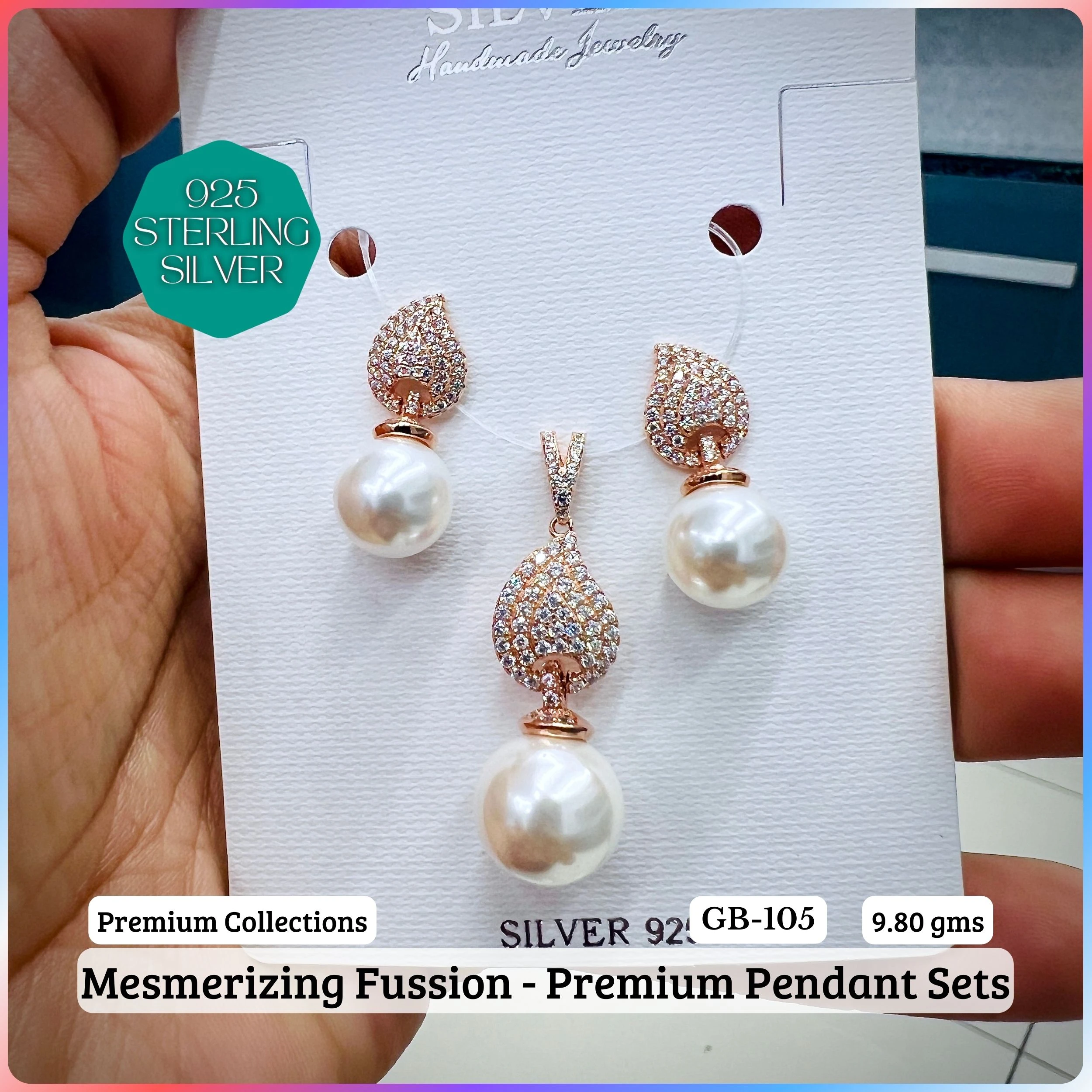 MF - Premium Pendant Sets - Pearl - Premium 925 Silver Jewellery - SKU: GB-105P-015 - Hyderabad Silver Importers