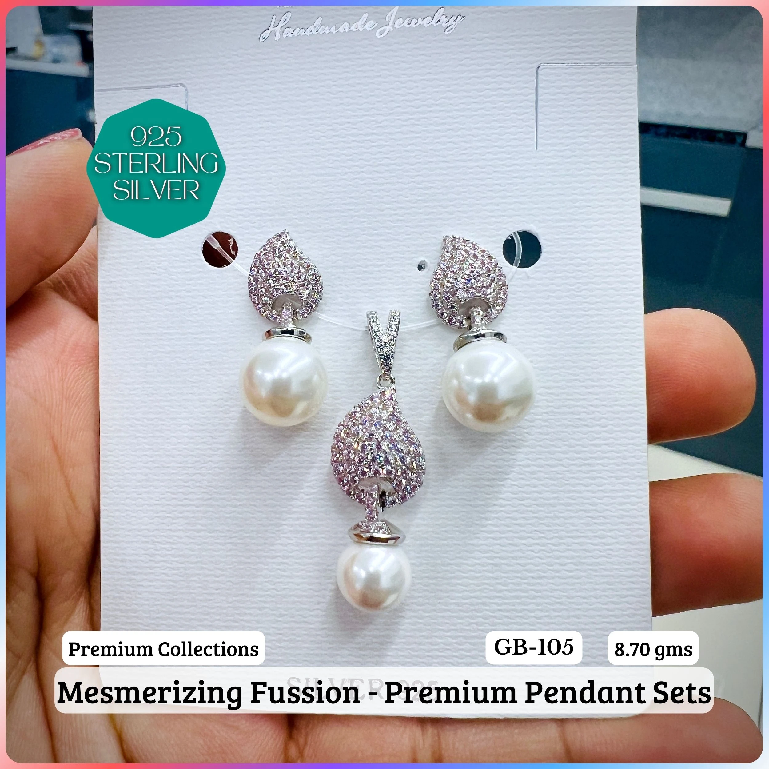 MF - Premium Pendant Sets - Pearl - Premium 925 Silver Jewellery - SKU: GB-105P-016 - Hyderabad Silver Importers