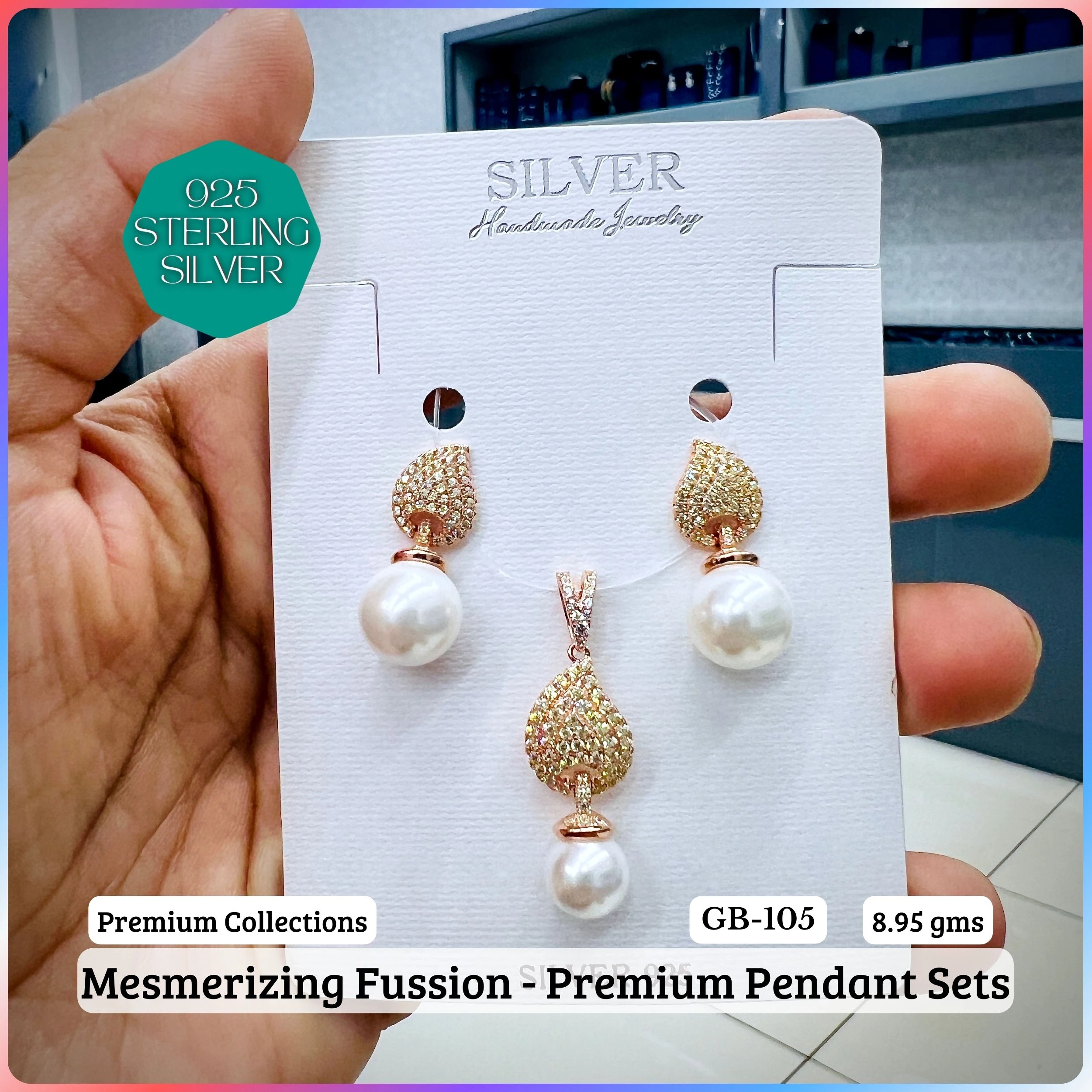MF - Premium Pendant Sets - Pearl - Premium 925 Silver Jewellery - SKU: GB-105P-018 - Hyderabad Silver Importers