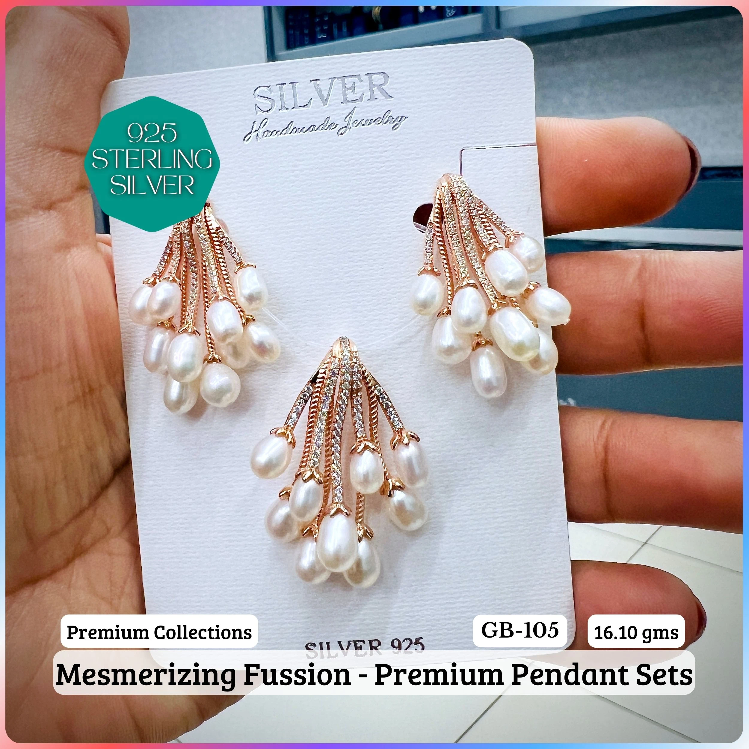 MF - Premium Pendant Sets - Pearl - Premium 925 Silver Jewellery - SKU: GB-105P-021 - Hyderabad Silver Importers