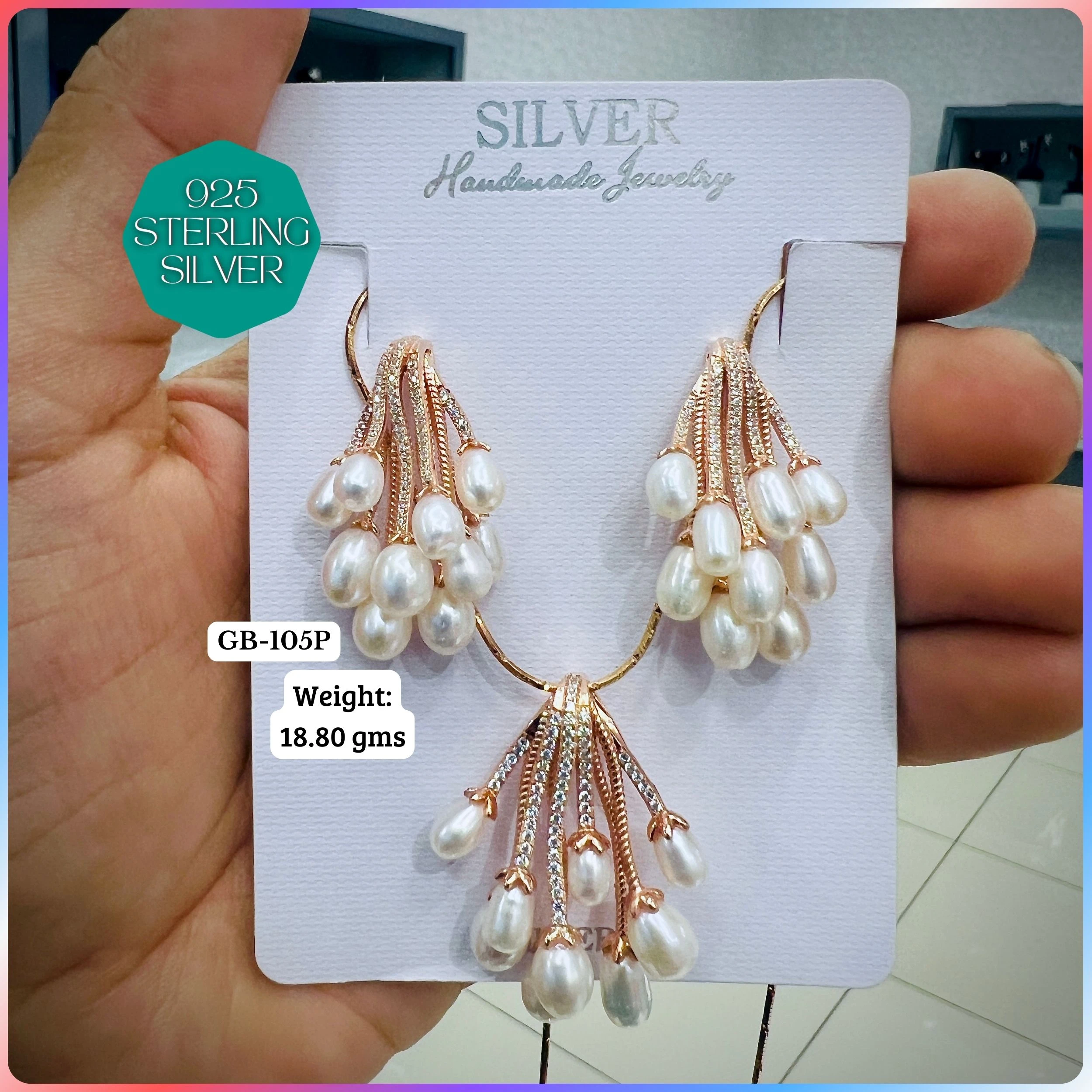 MF - Premium Pendant Sets - Pearl - Premium 925 Silver Jewellery - SKU: GB-105P-024 - Hyderabad Silver Importers