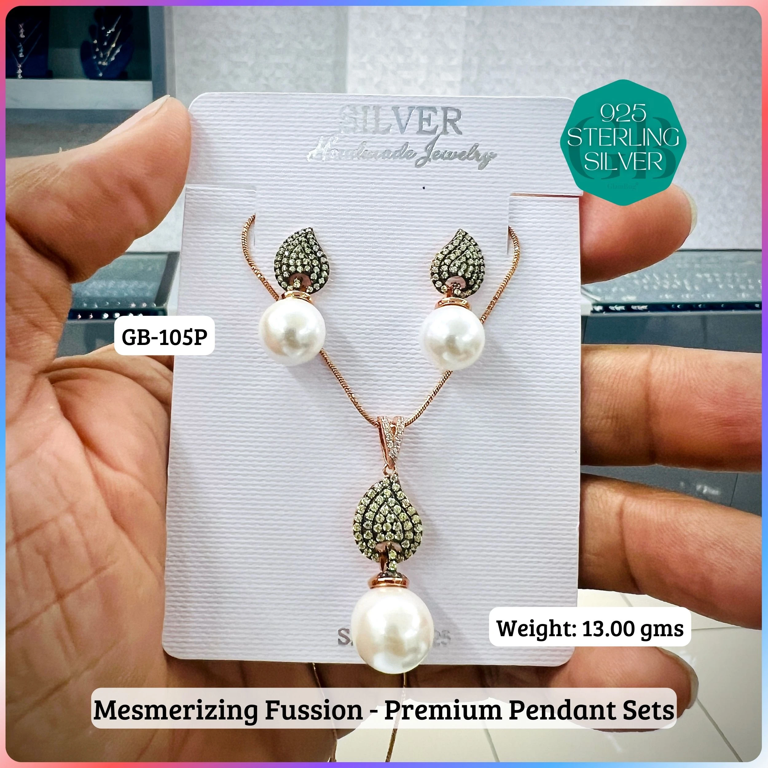 MF - Premium Pendant Sets - Pearl - Premium 925 Silver Jewellery - SKU: GB-105P-026 - Hyderabad Silver Importers