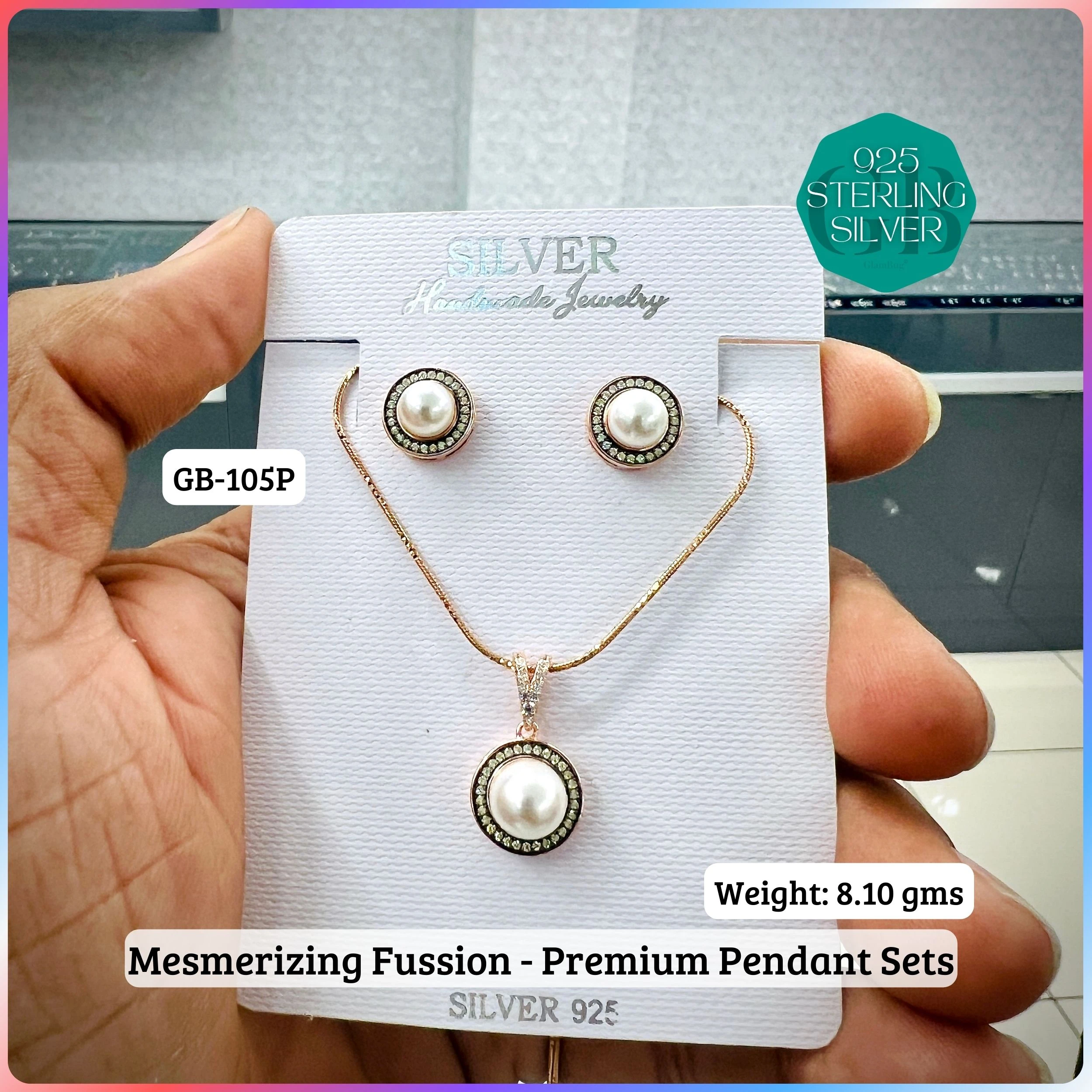 MF - Premium Pendant Sets - Pearl - Premium 925 Silver Jewellery - SKU: GB-105P-027 - Hyderabad Silver Importers