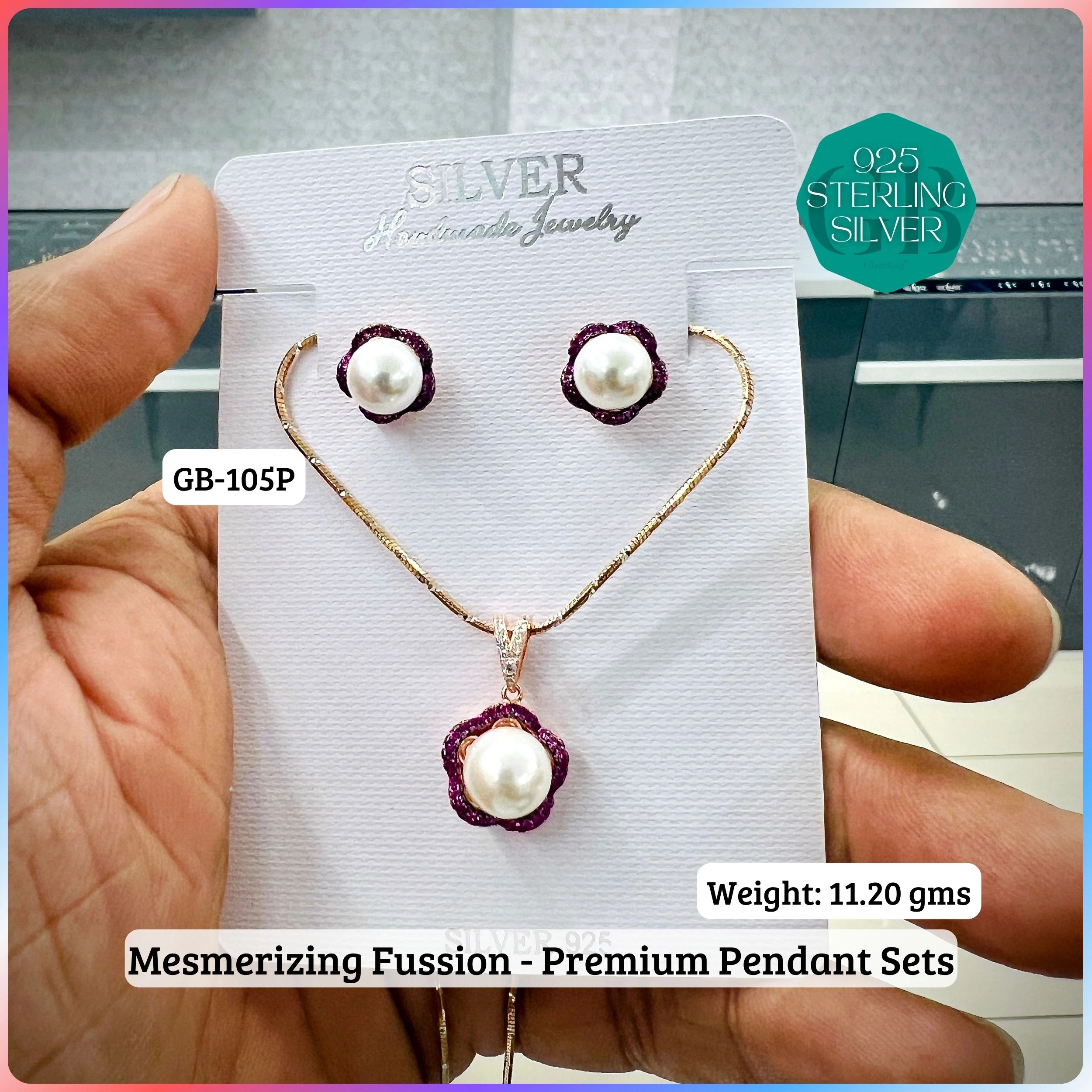 MF - Premium Pendant Sets - Pearl - Premium 925 Silver Jewellery - SKU: GB-105P-028 - Hyderabad Silver Importers