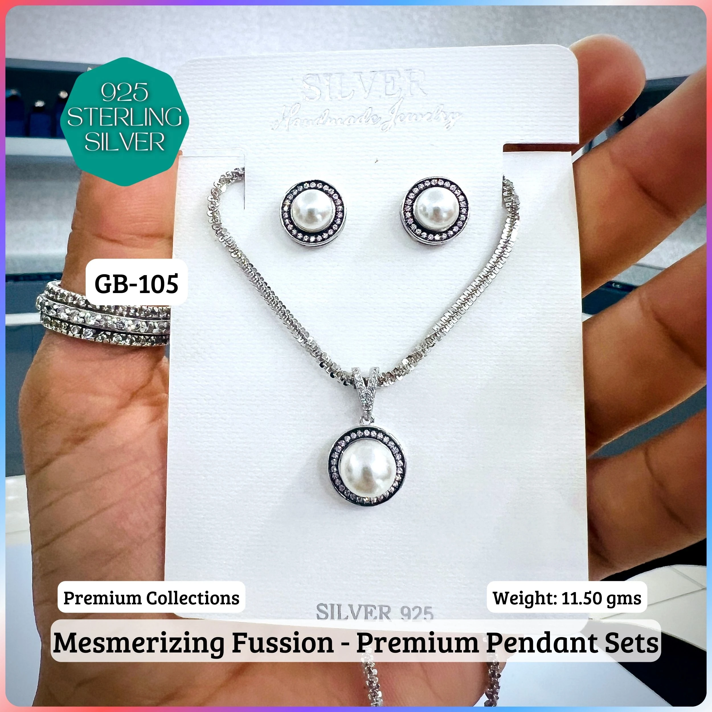 MF - Premium Pendant Sets - Pearl - Premium 925 Silver Jewellery - SKU: GB-105P-030 - Hyderabad Silver Importers