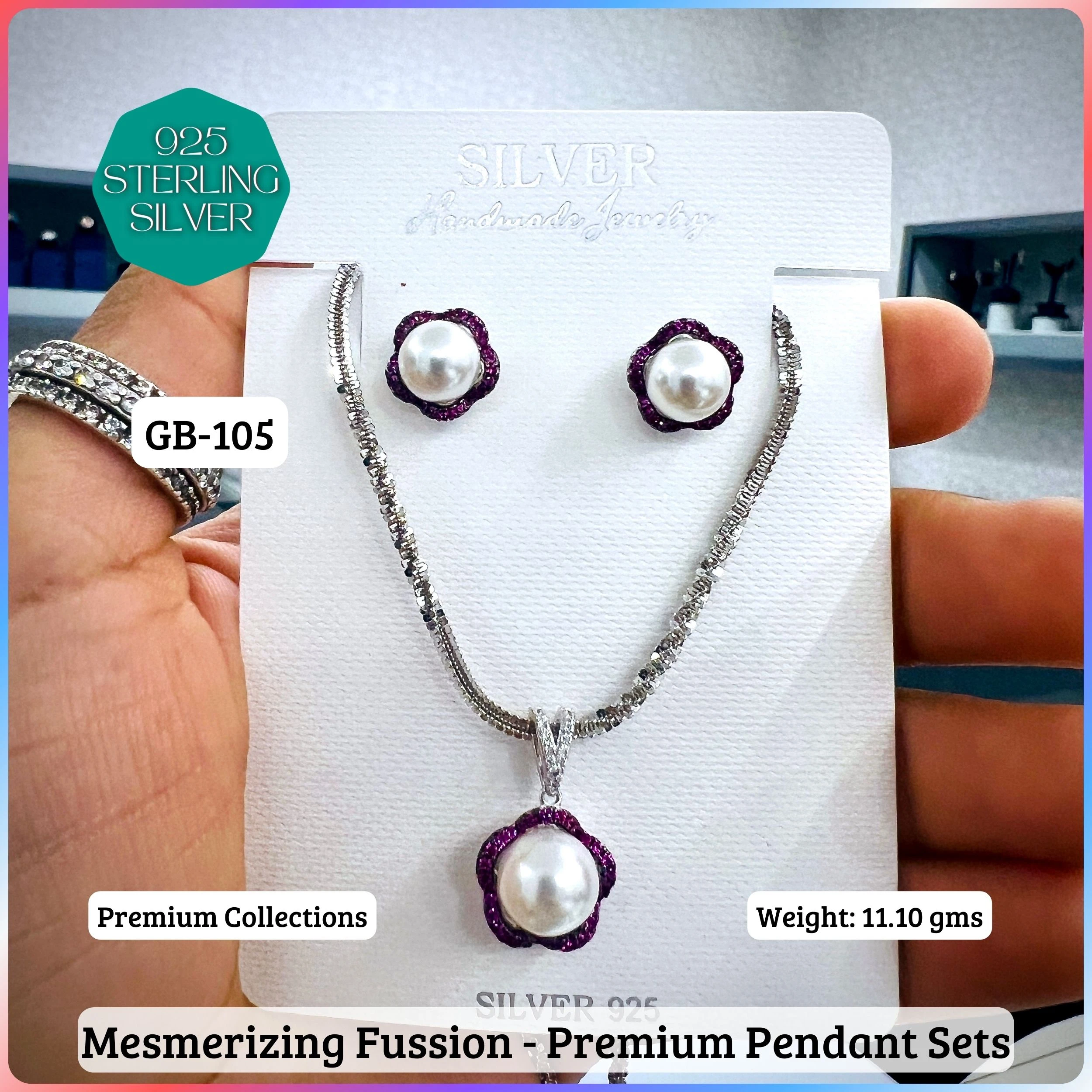 MF - Premium Pendant Sets - Pearl - Premium 925 Silver Jewellery - SKU: GB-105P-032 - Hyderabad Silver Importers