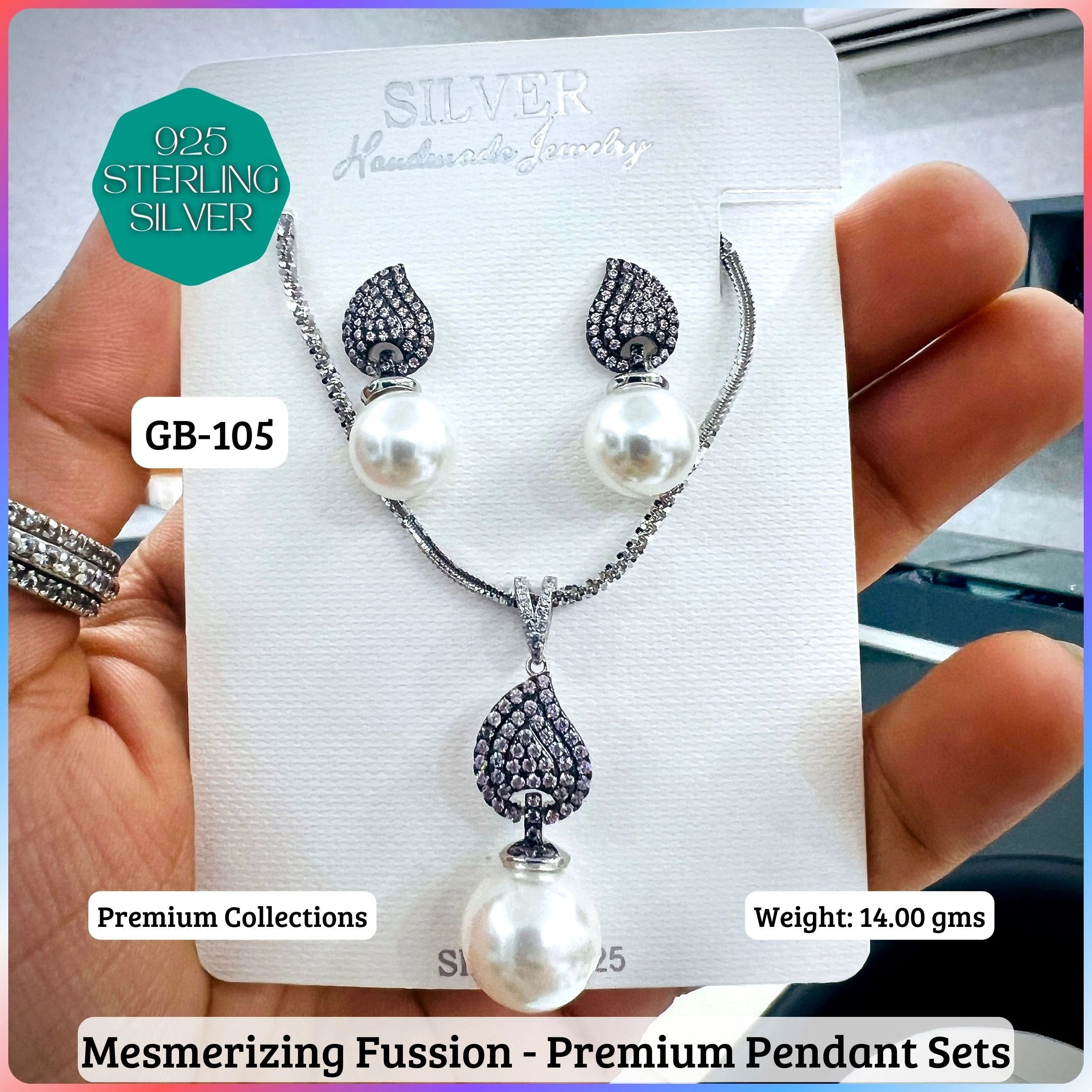 MF - Premium Pendant Sets - Pearl - Premium 925 Silver Jewellery - SKU: GB-105P-037 - Hyderabad Silver Importers