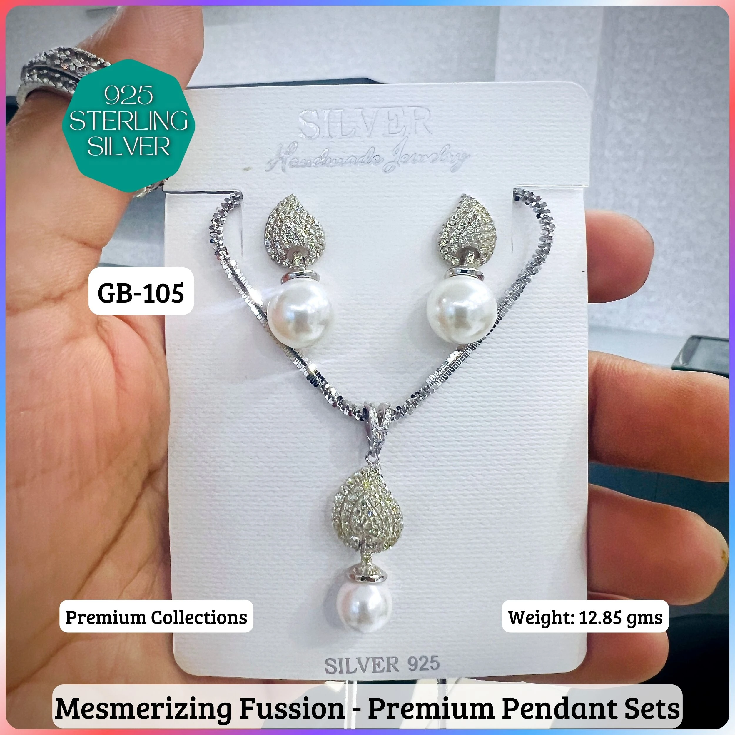 MF - Premium Pendant Sets - Pearl - Premium 925 Silver Jewellery - SKU: GB-105P-038 - Hyderabad Silver Importers