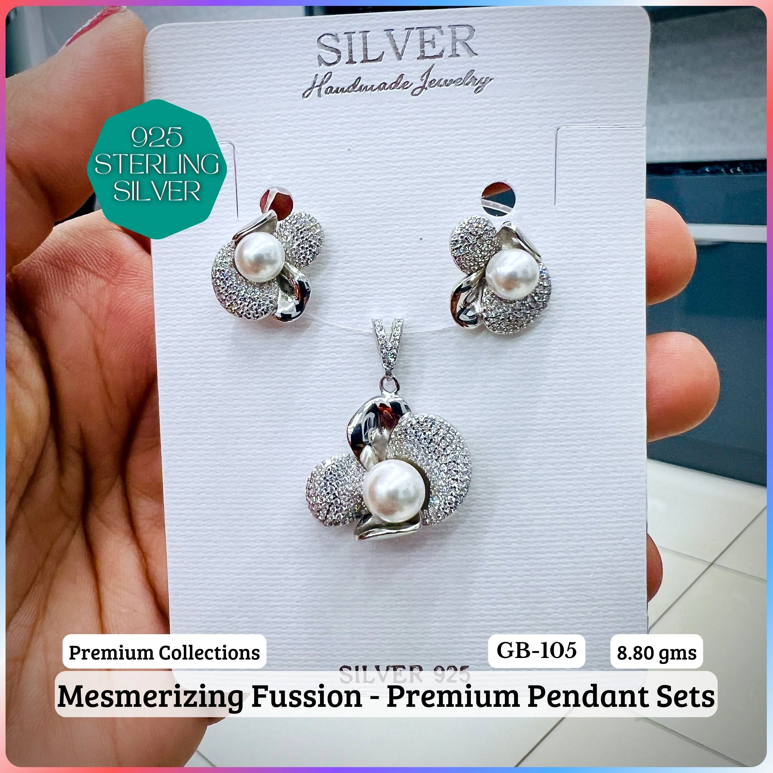 MF - Premium Pendant Sets - Pearl - Premium 925 Silver Jewellery - SKU: GB-105P-039 - Hyderabad Silver Importers