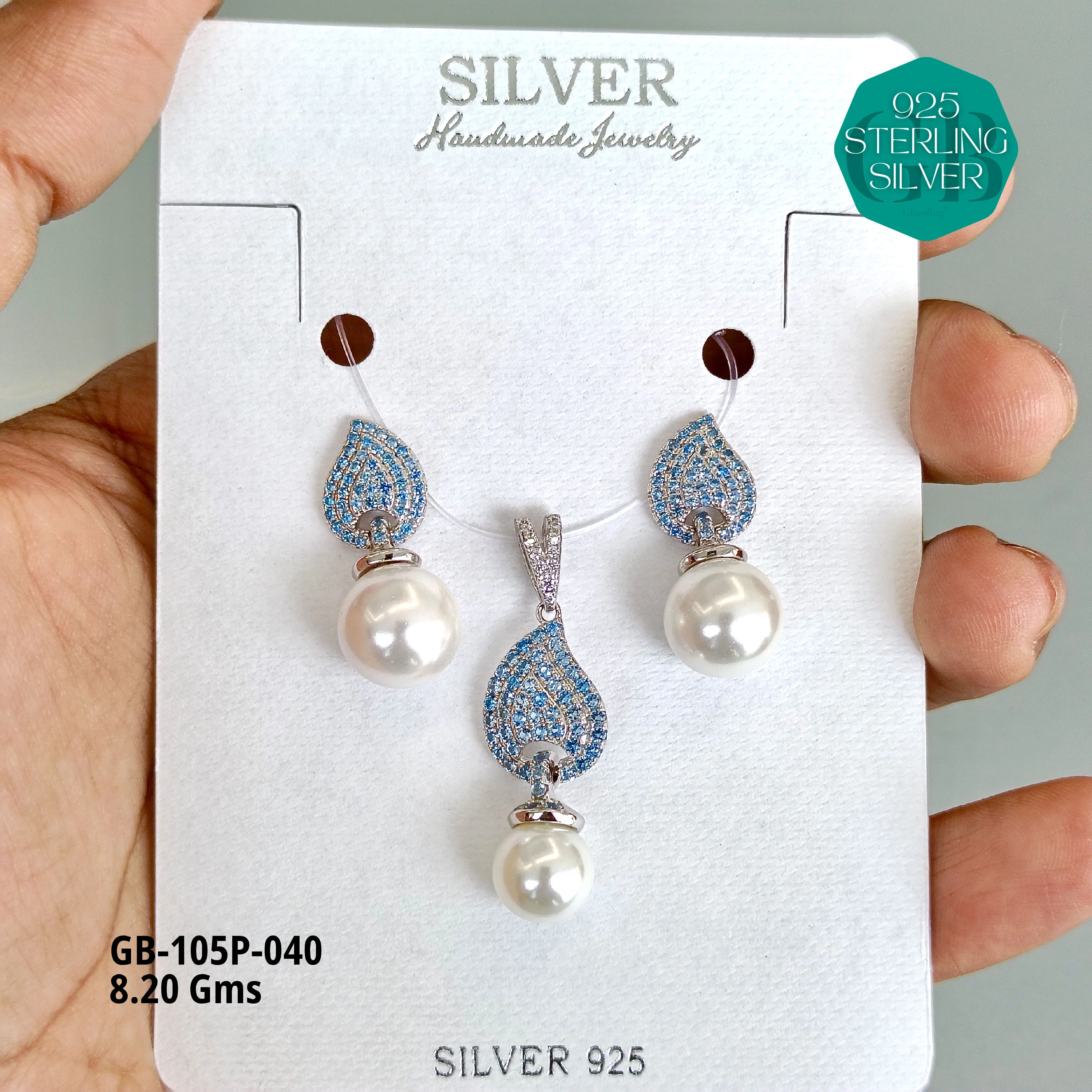 MF - Premium Pendant Sets - Pearl - Premium 925 Silver Jewellery - SKU: GB-105P-040 - Hyderabad Silver Importers