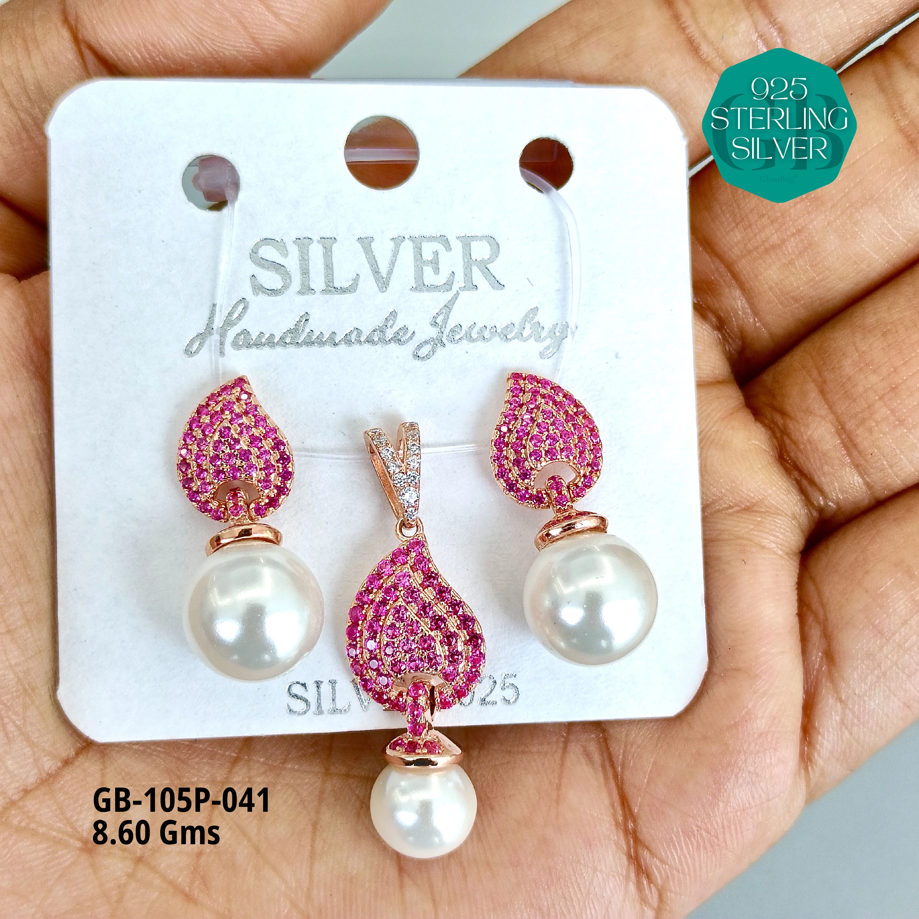 MF - Premium Pendant Sets - Pearl - Premium 925 Silver Jewellery - SKU: GB-105P-041 - Hyderabad Silver Importers