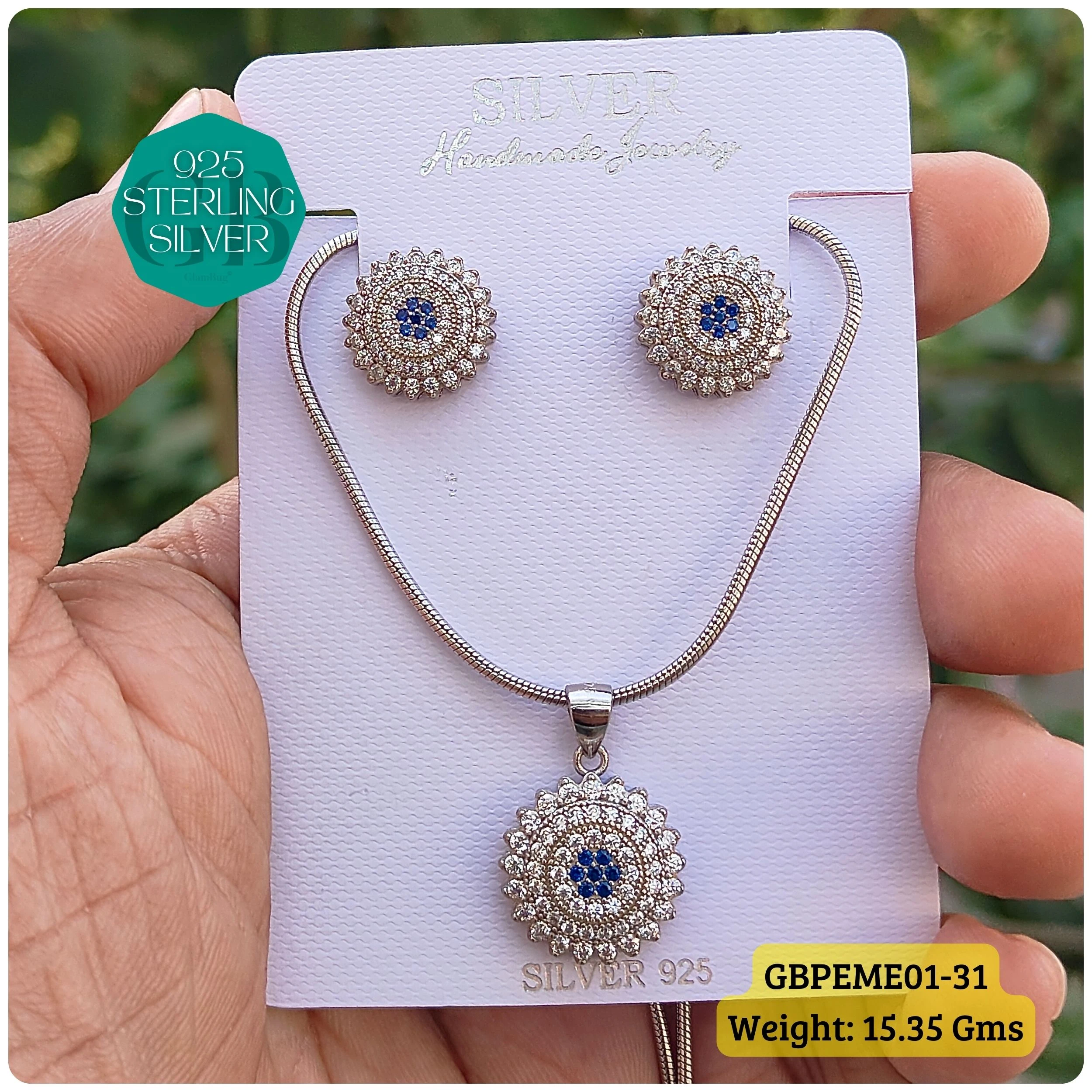 Regal Pendant sets - Premium 925 Silver Jewellery - SKU: GB-107-012 - Hyderabad Silver Importers