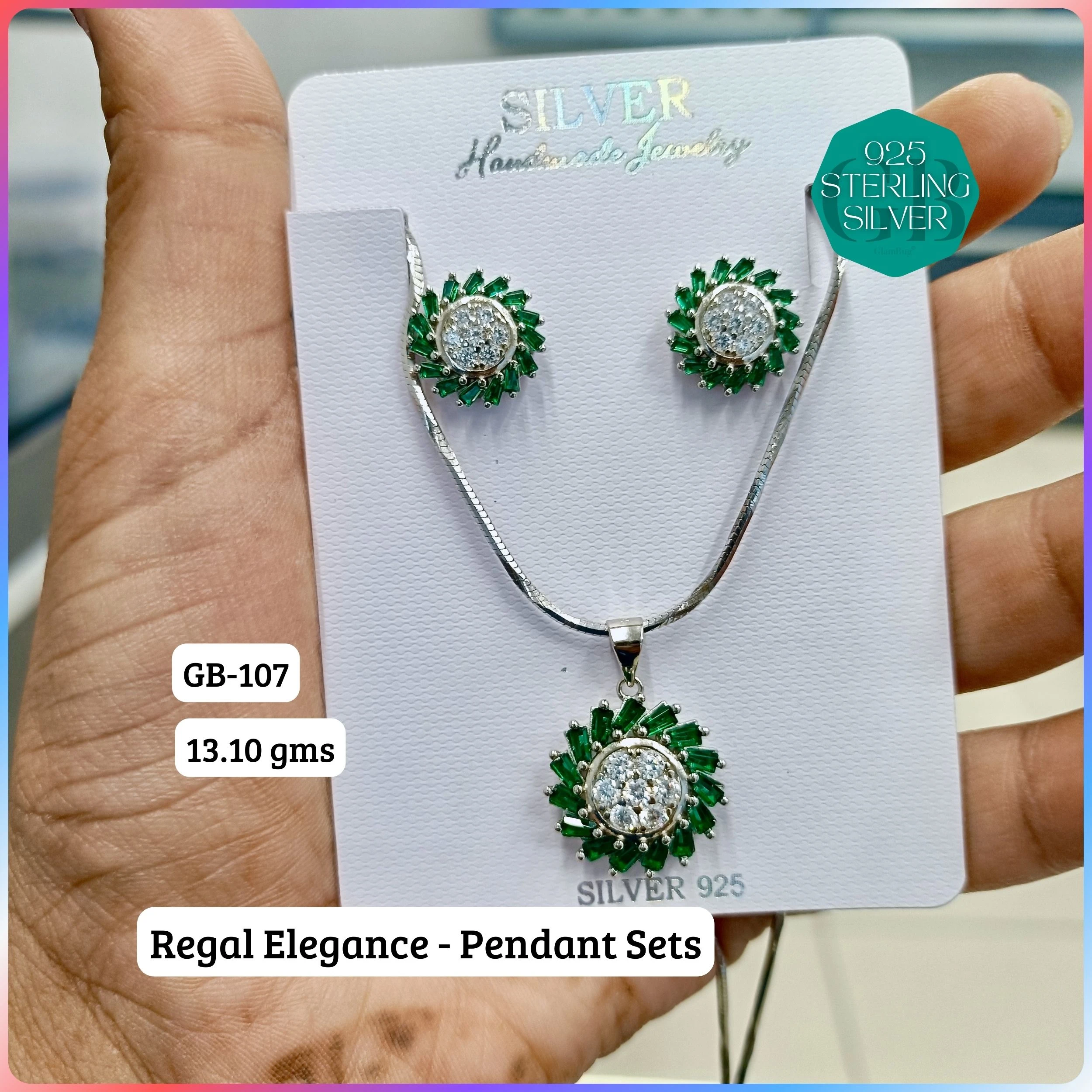 Regal Pendant sets - Premium 925 Silver Jewellery - SKU: GB-107-013 - Hyderabad Silver Importers